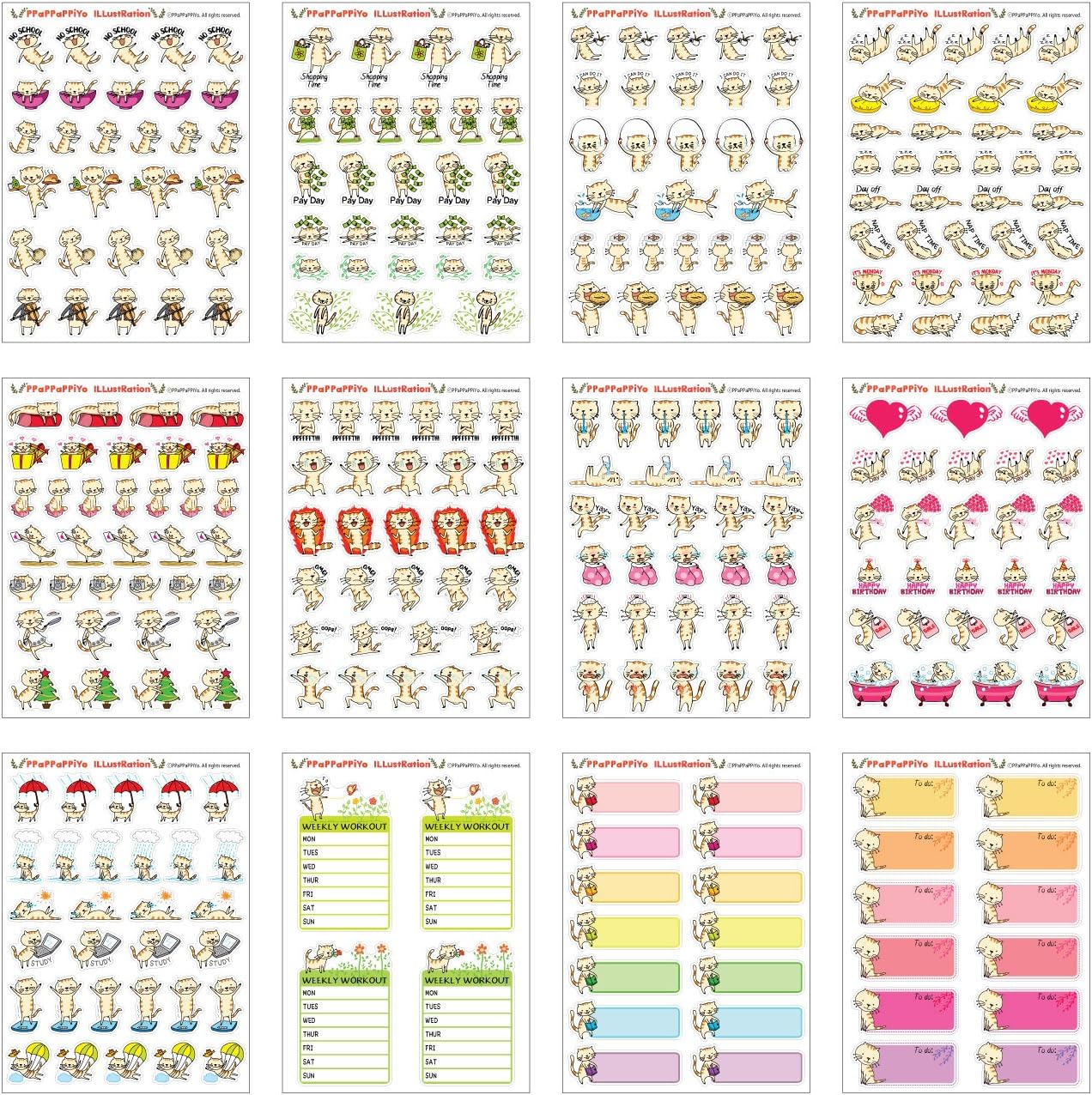 PPAPPAPPIYO Cat Planner Sticker Accessories, Journals, Calendars, Weekly Stickers / 12 Sheets Size 4 X 5.5 Inch