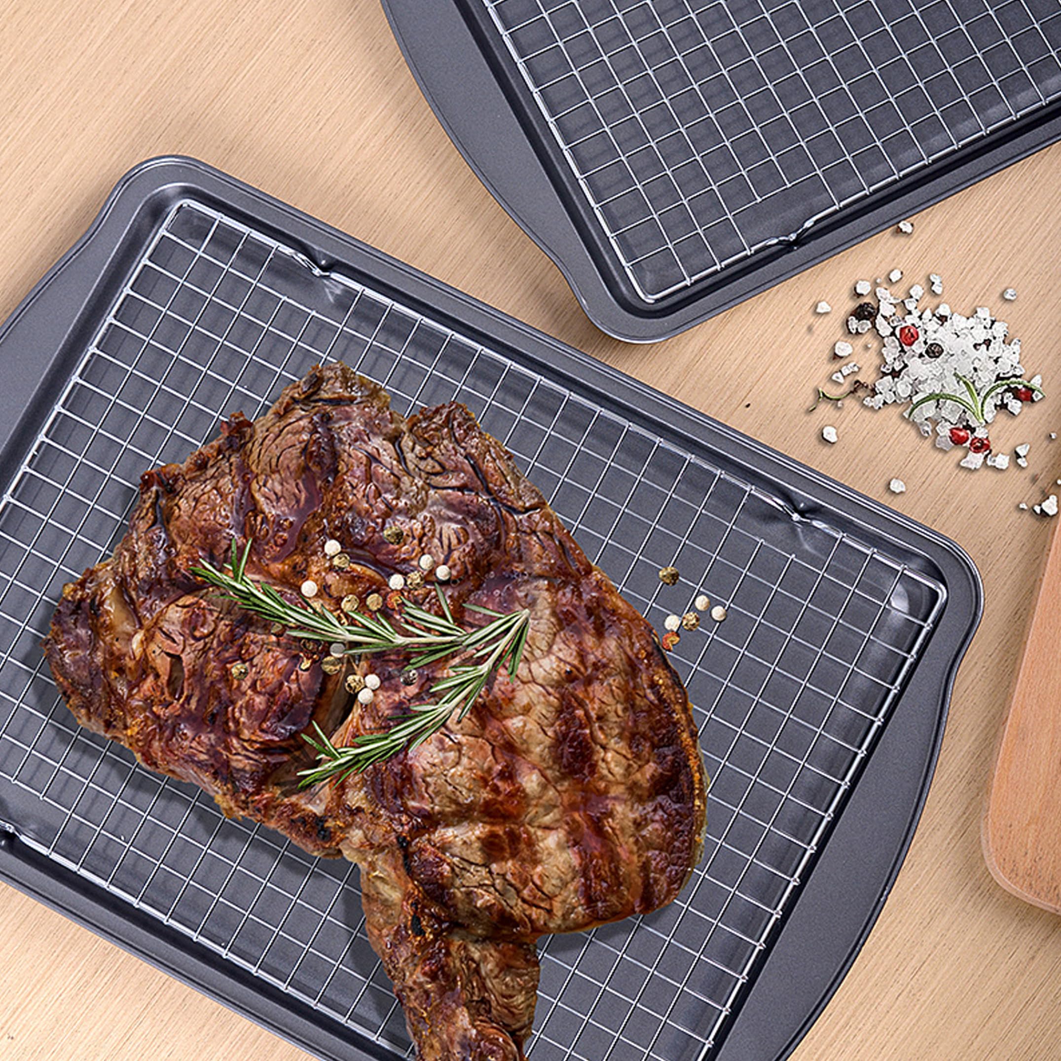 Backblech mit Gitterrost, 1 Set Blechpfanne mit Antihaftbeschichtung und Gitterrost – tragbares Ofenblech aus Edelstahl, gleichmäßige Wärmeverteilung für draußen und zu Hause.
