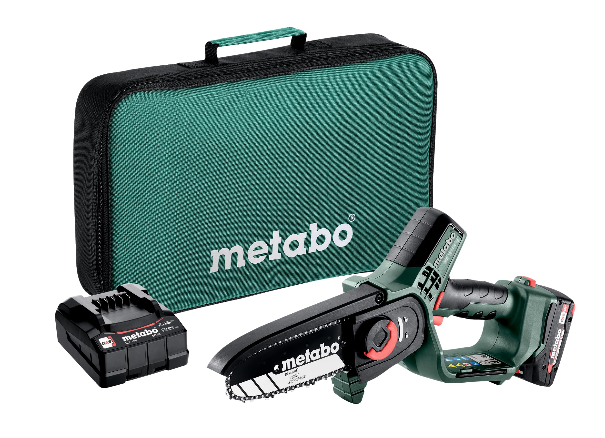 Metabo akumulatorowa piła do drewna – 600856500 – Piła ogrodowa z akumulatorem i ładowarką, mała pilarka łańcuchowa 15 cm – W zestawie torba narzędziowa