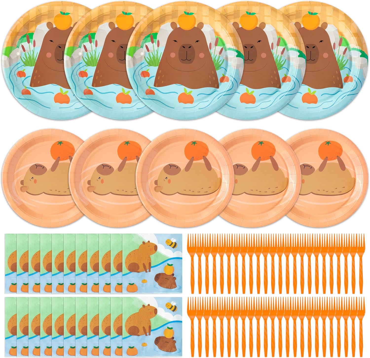 Capybara Party Plates Supplies - Serves 48-192Pcs Cute Cartoon Capybara Party Tableware Decorations Disposable Paper Plates Napkins Forks Birthday Baby Shower