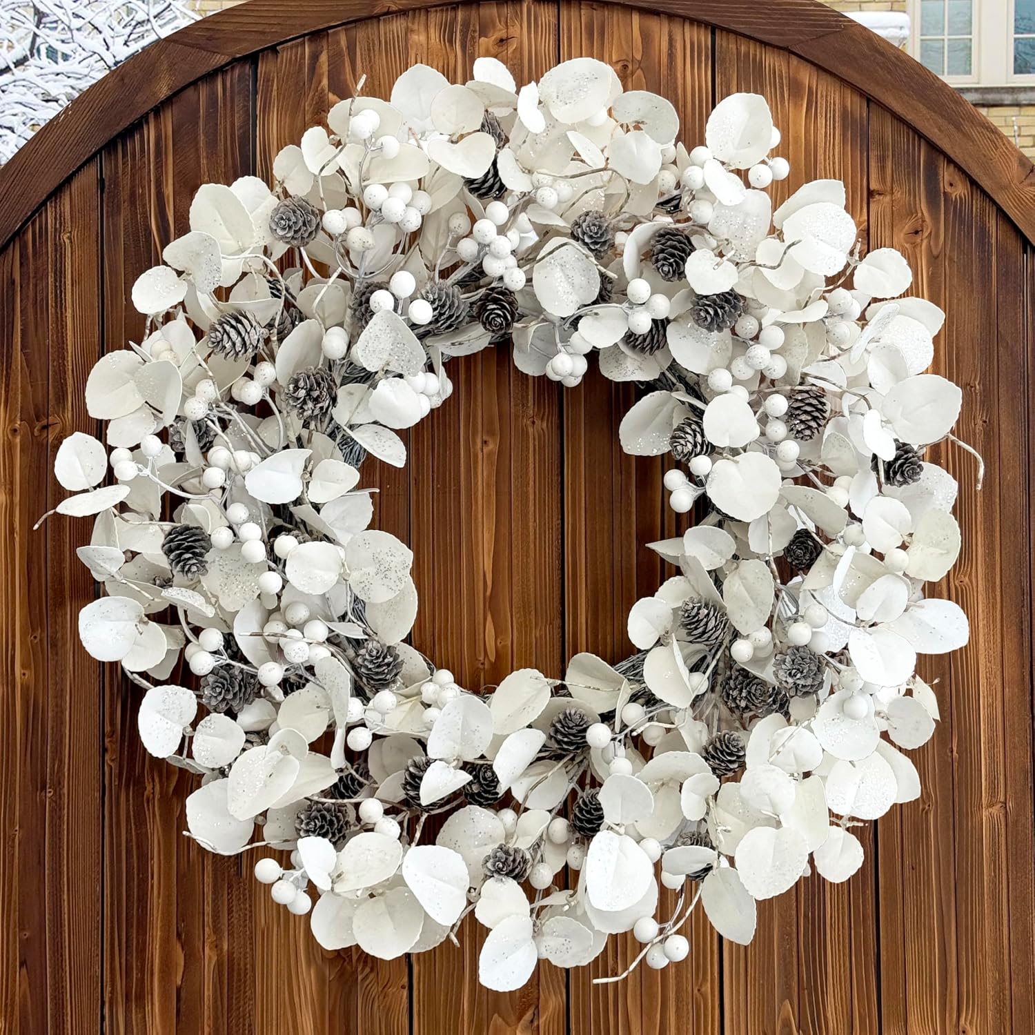 TOKCARE Winter Wreaths for Front Door, 22 Inch White Christmas Wreath with Pinecones and Berries Eucalyptus Wreath for Fireplace Xmas Decorations,Front Porch Decor and Wall Window Decor