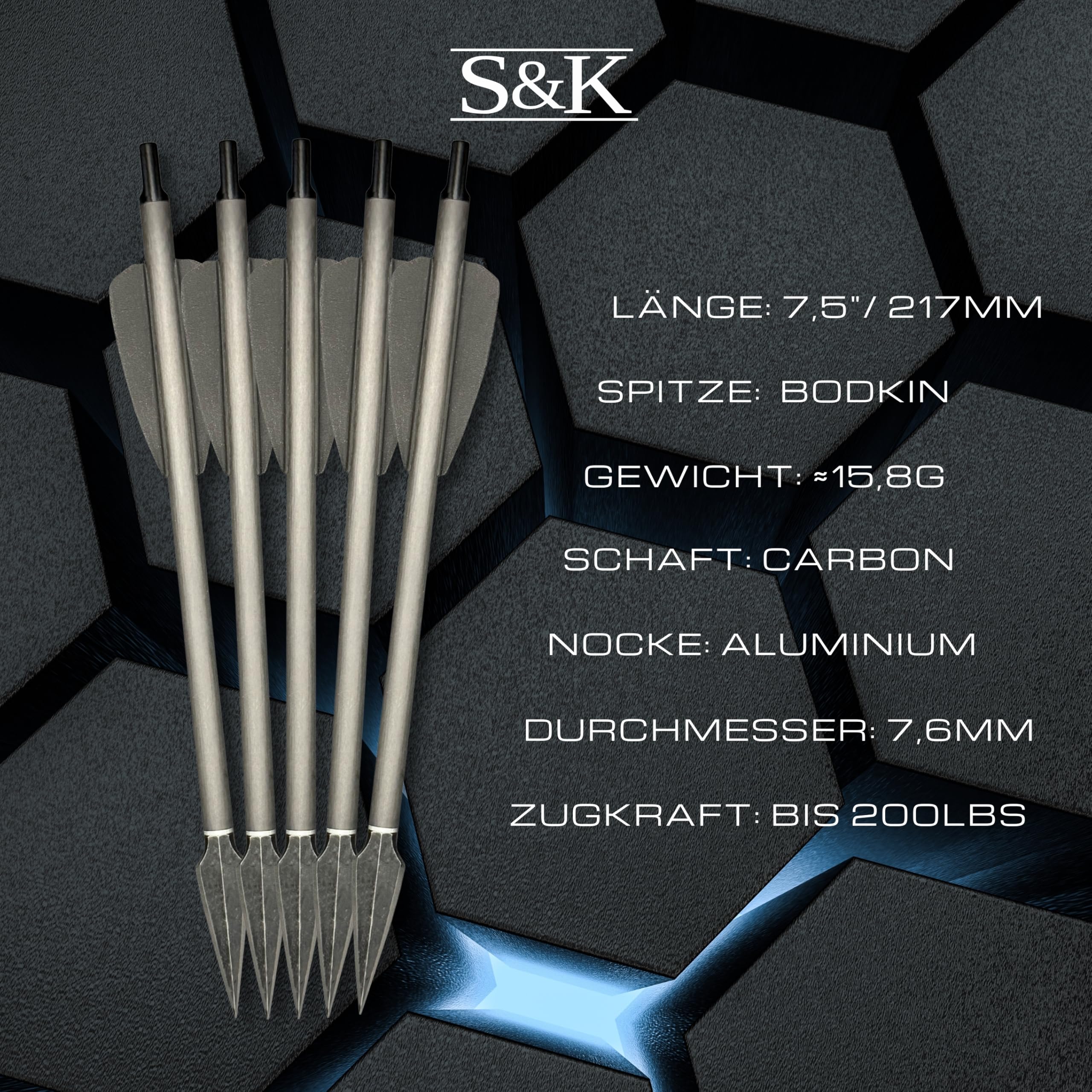 S&K - 5X Carbon Bodkinpfeile extrem, Alunocken, 7,5" für Cobra Adder, R9, RX, R10 – Made in Germany – Hochpräzise Armbrustbolzen mit Jagdbodkin & Aluminium-Nocke – 15,8g