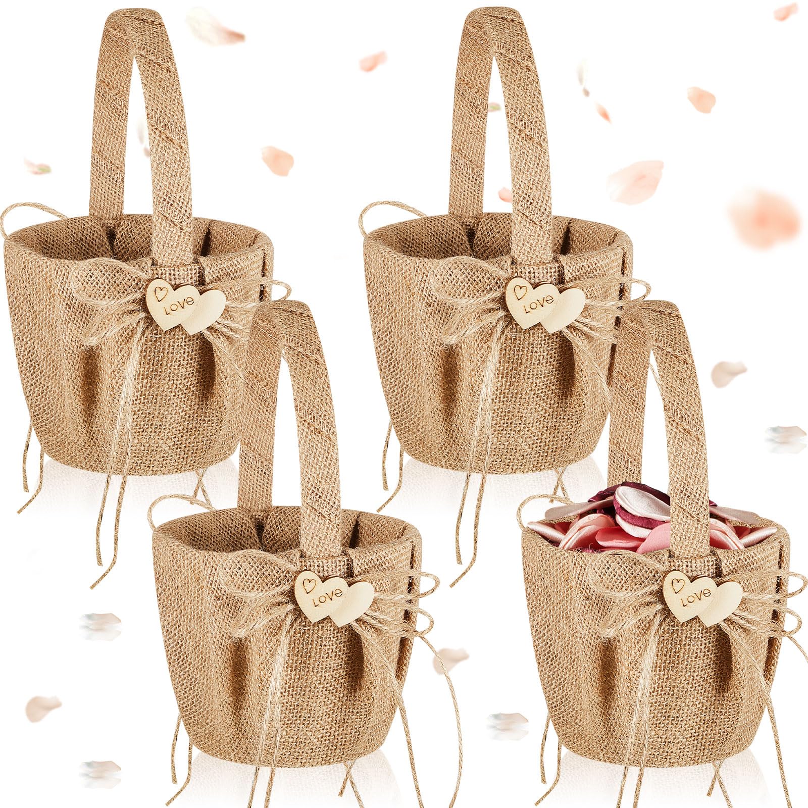 Mifoci 4 Pcs Wedding Rustic Flower Girl Basket Vintage Burlap Flower Basket Retro Wedding Basket for Flower Girl with Handle for Wedding Party Decoration Rose Petals Home Ceremony (Wood Heart)