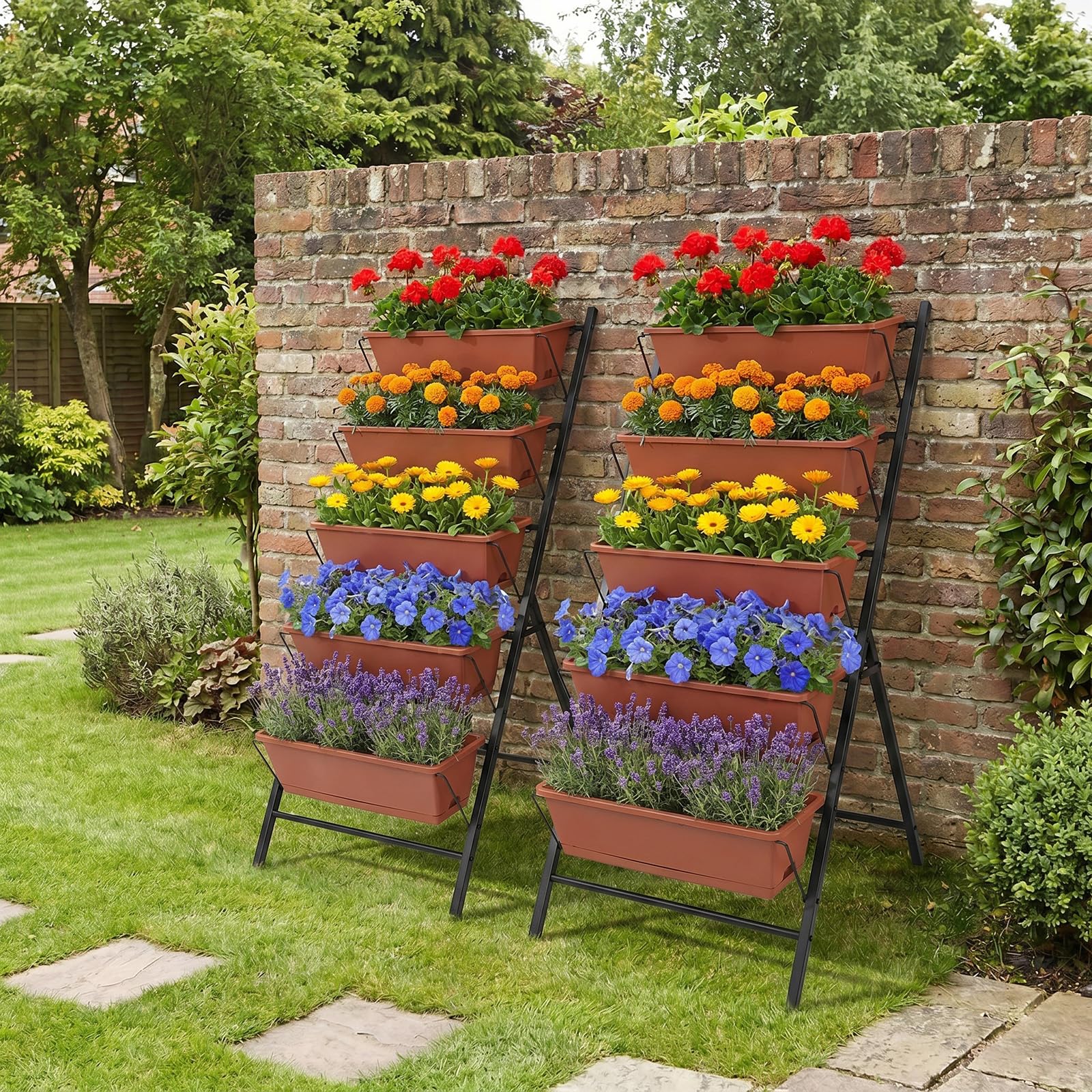 COSTWAY 5-stufiges Hochbeet, vertikales Pflanzenbeet mit 5 Blumenkästen & Drainagelöchern, Vertikalbeet freistehend, Blumentreppe für Gemüse Kräuter Blumen, 57 x 71 x 115 cm (Rot)