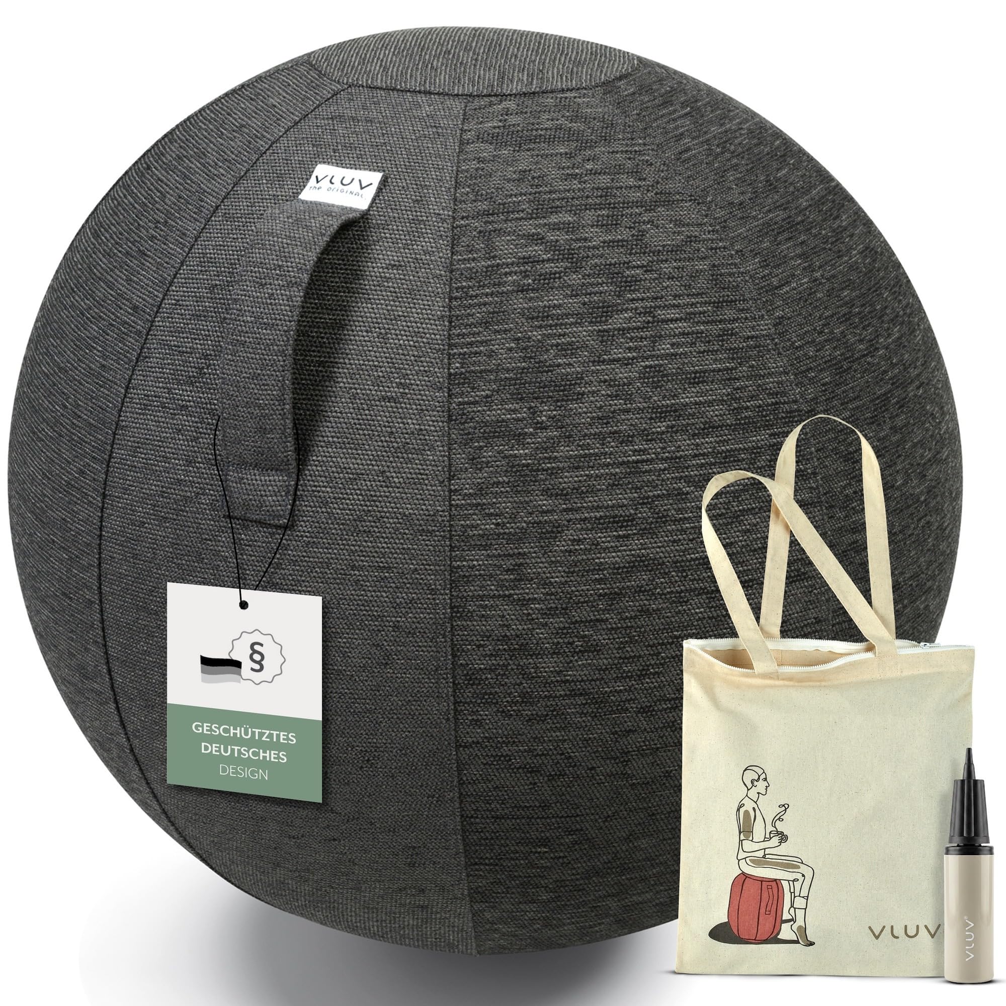 Ballon-siège VLUV STOV, siège ergonomique pour le bureau et la maison, couleur: Anthracite (gris foncé), Ø 60cm - 65cm, Tissu d’ameublement de qualité supérieure, robuste et indéformable avec une poignée de transport