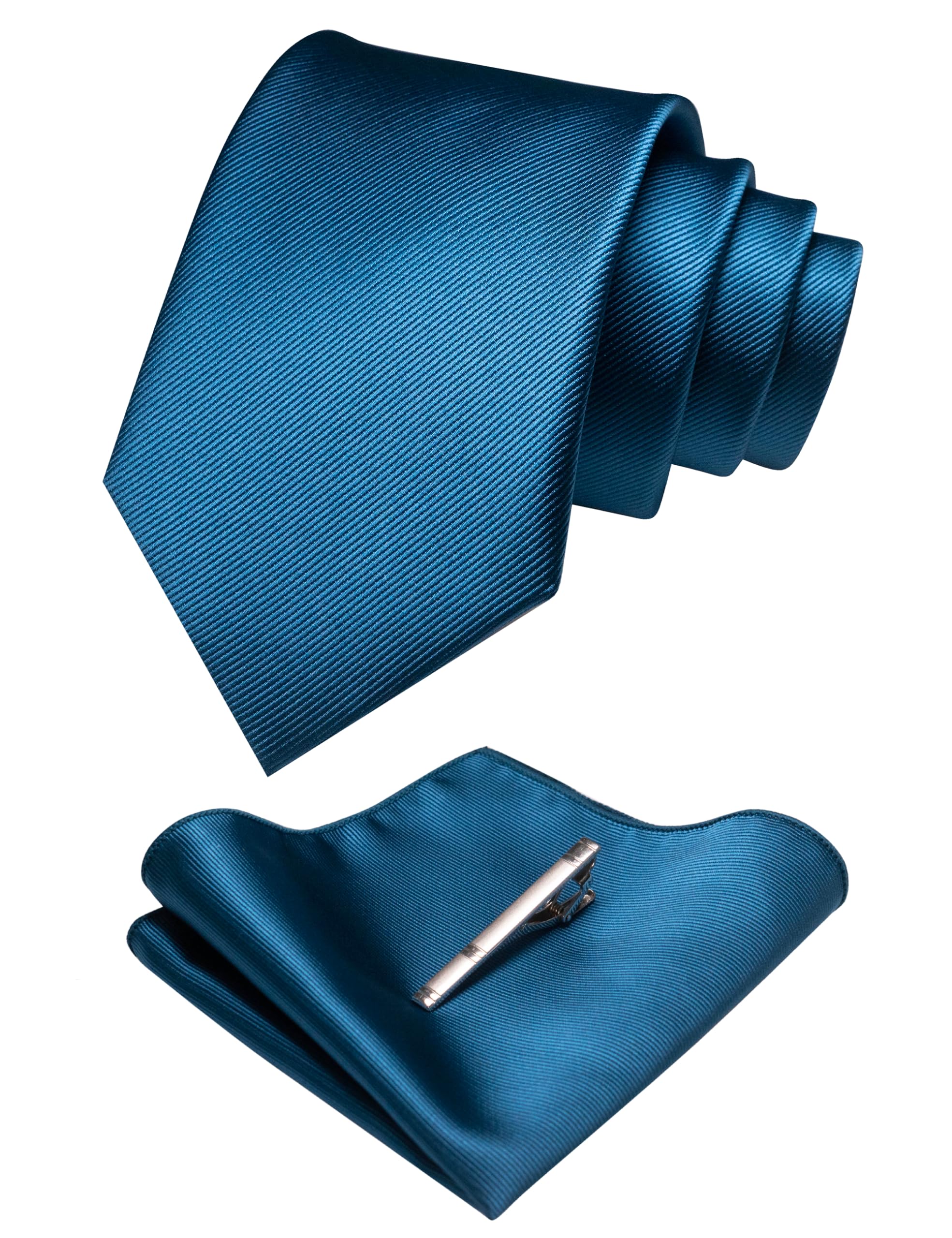 JEMYGINS Solid Color Formal Necktie and Pocket Square Tie Clip Sets for Men