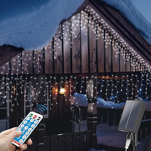mimigogo 300 luces LED solares de carámbano para exteriores con control remoto, 33 pies, 8 modos de luces de cortina con 50 gotas, decoración de