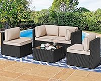 Vista 13 de Shintenchi - Juego de 5 piezas de sofá seccional para patio al aire libre, juegos de muebles de mimbre PE, juegos de conversación para patio