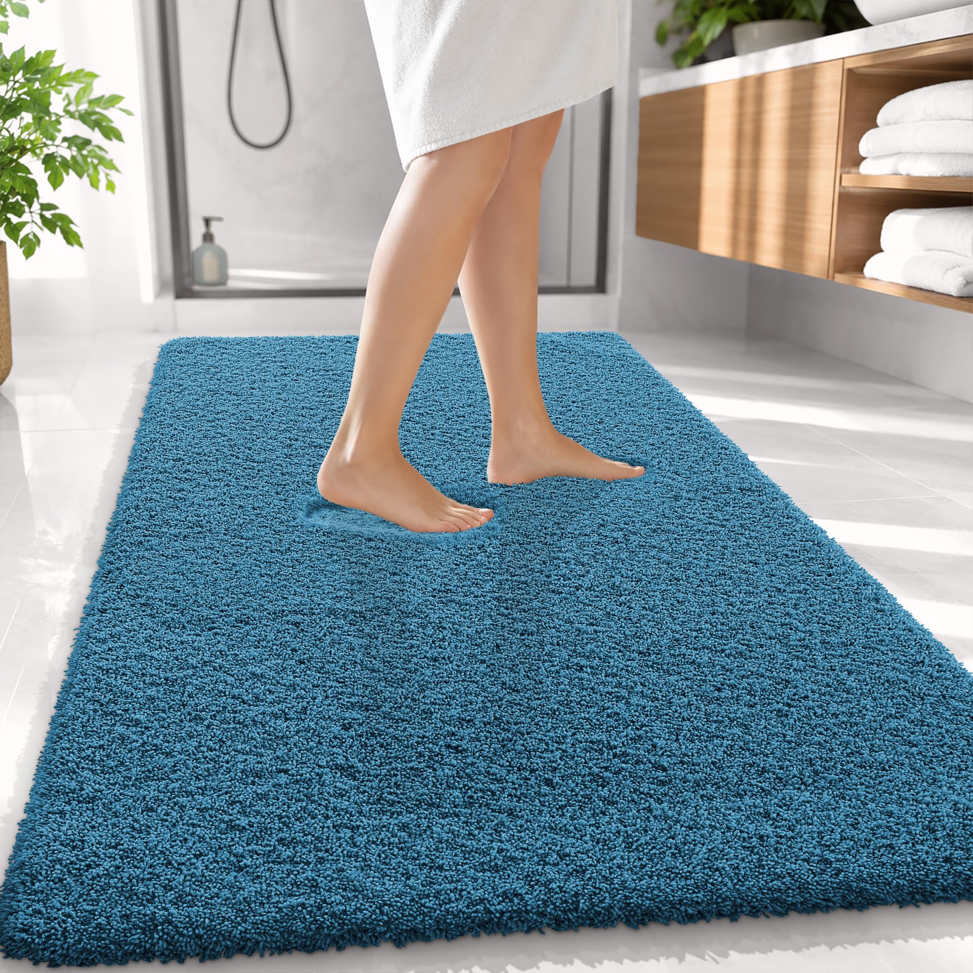 OLANLY Microfiber Large Bathroom Rugs 59x35, Soft Bath Mat, Peacock Blue