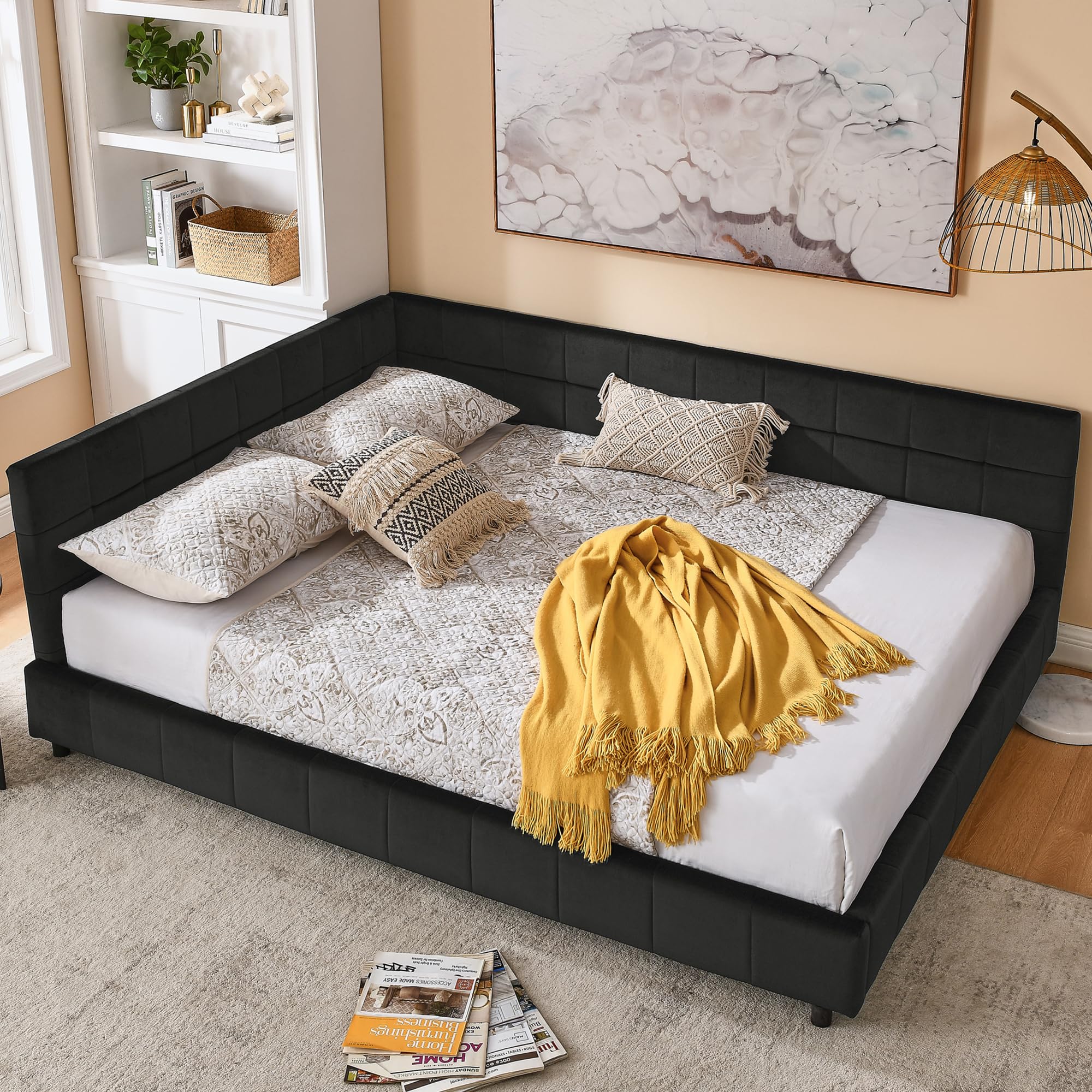Bellemave Queen Size Corner Bed Frame with Comfortable Backrest and Armrests, Velvet Tufted Corner Bed Frame Queen Size, Upholstered Daybed for