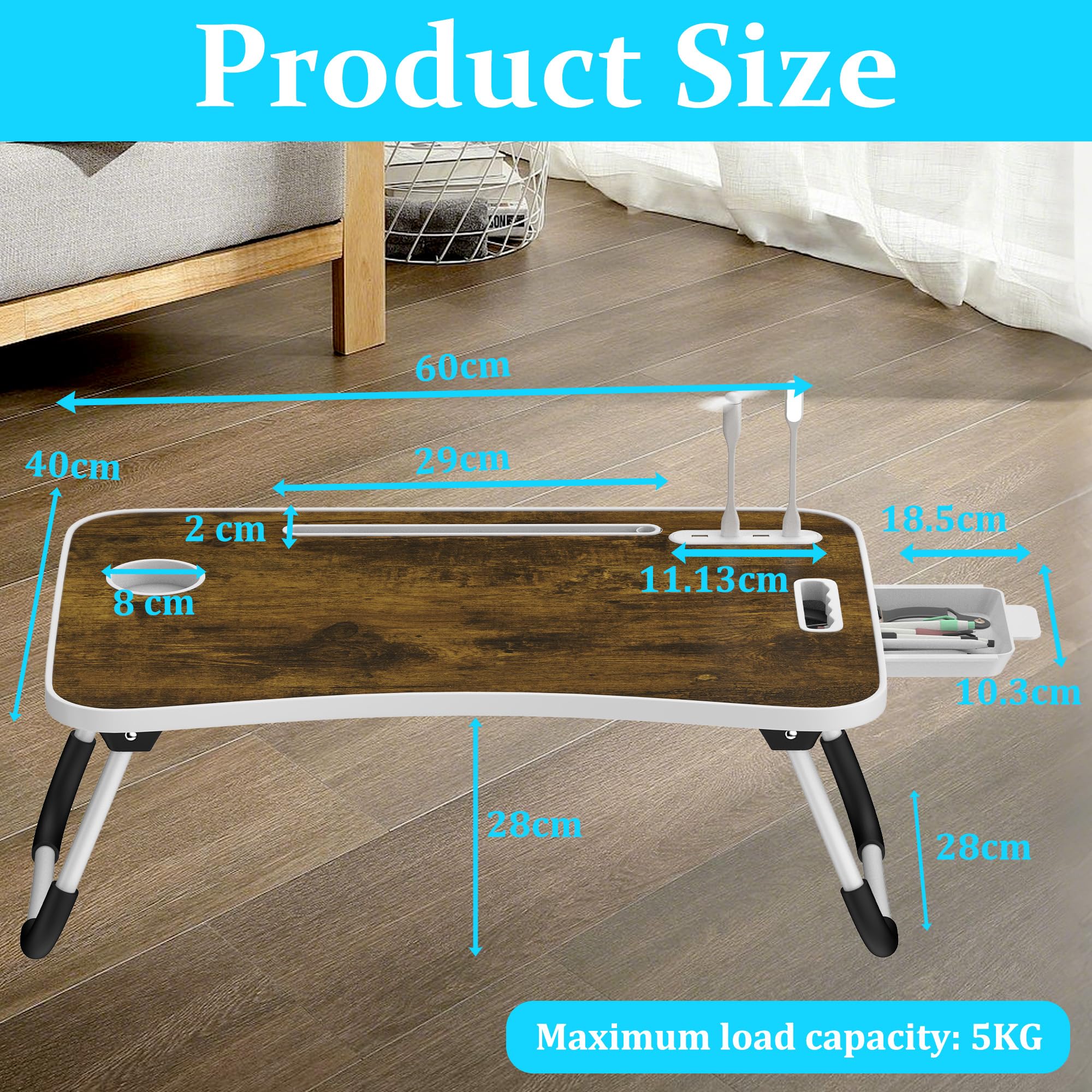 Soontrans Plateau de Lit 60x40x28 cm, Table de lit, Pliable, Support Ordinateur Portable Lit avec Tablette Support, Tiroir, Porte Gobelet, Poignée, pour Lit, Canapé, Sol, étude, Travail (Brun Foncé)