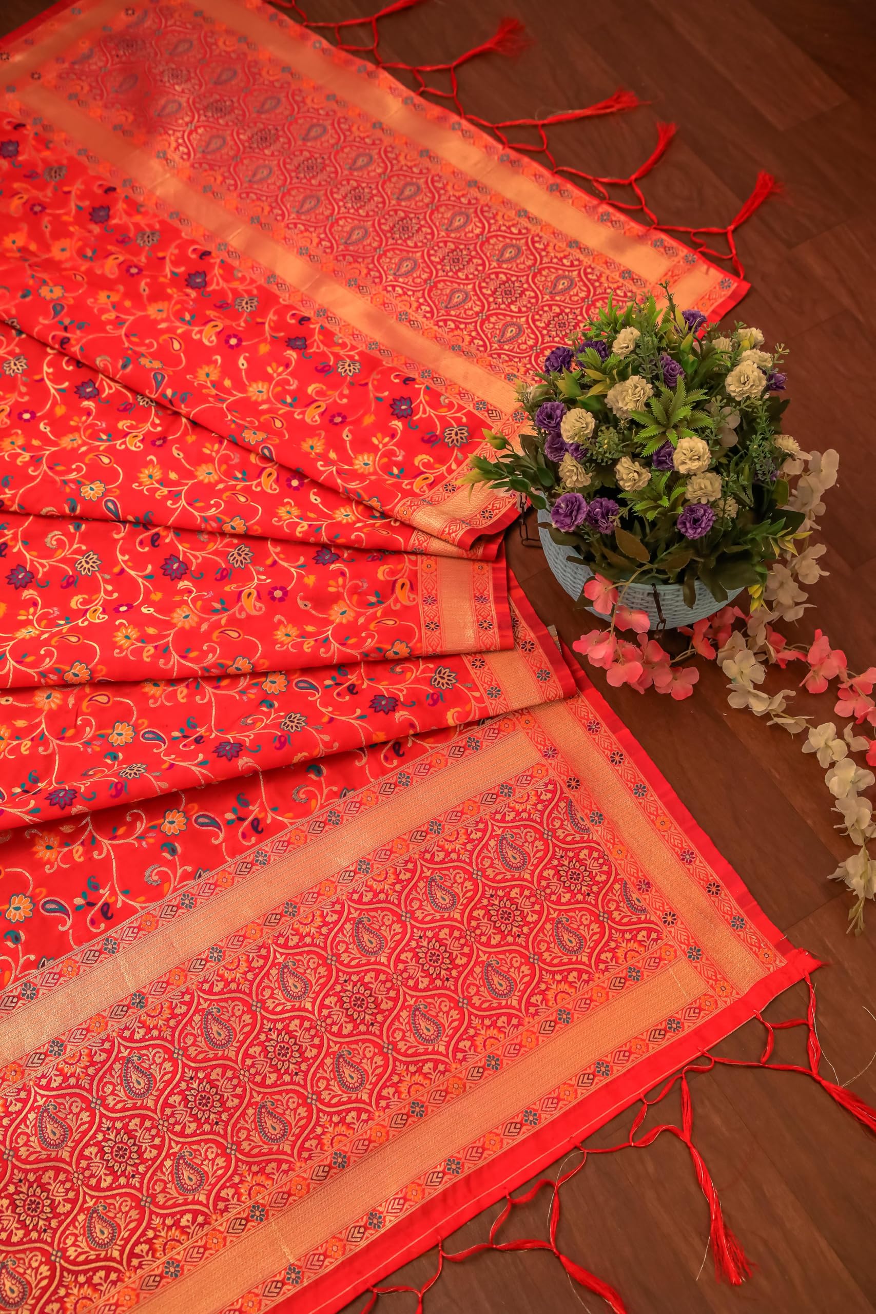 DEVANGI Women's Woven Banarasi Kashmiri Silk Jacquard Dupatta/Chunni with Meena Work, Width 1 Meter, Length 2.5 Meter (OM-DT-21-RED-F) 1