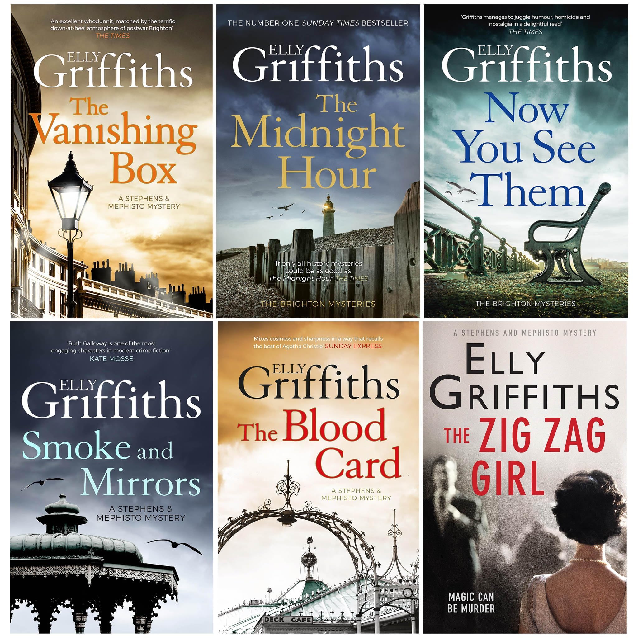 The Brighton Mysteries Series Books 1 - 6 Collection Set by Elly Griffiths (Zig Zag Girl, Smoke and Mirrors, Blood Card, Vanishing Box, Now You See Them & Midnight Hour)