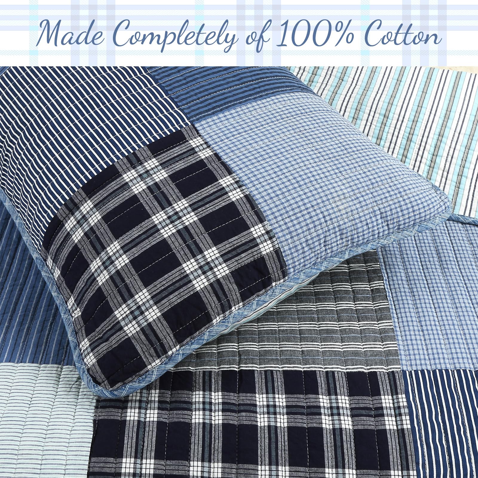 Cozy Line Home Fashions Navy Blue Plaid Patchwork Boy 100% Cotton Reversible Quilt Bedding Set, All-Season Coverlet Bedspread (Douglas, Twin - 2 Piece)