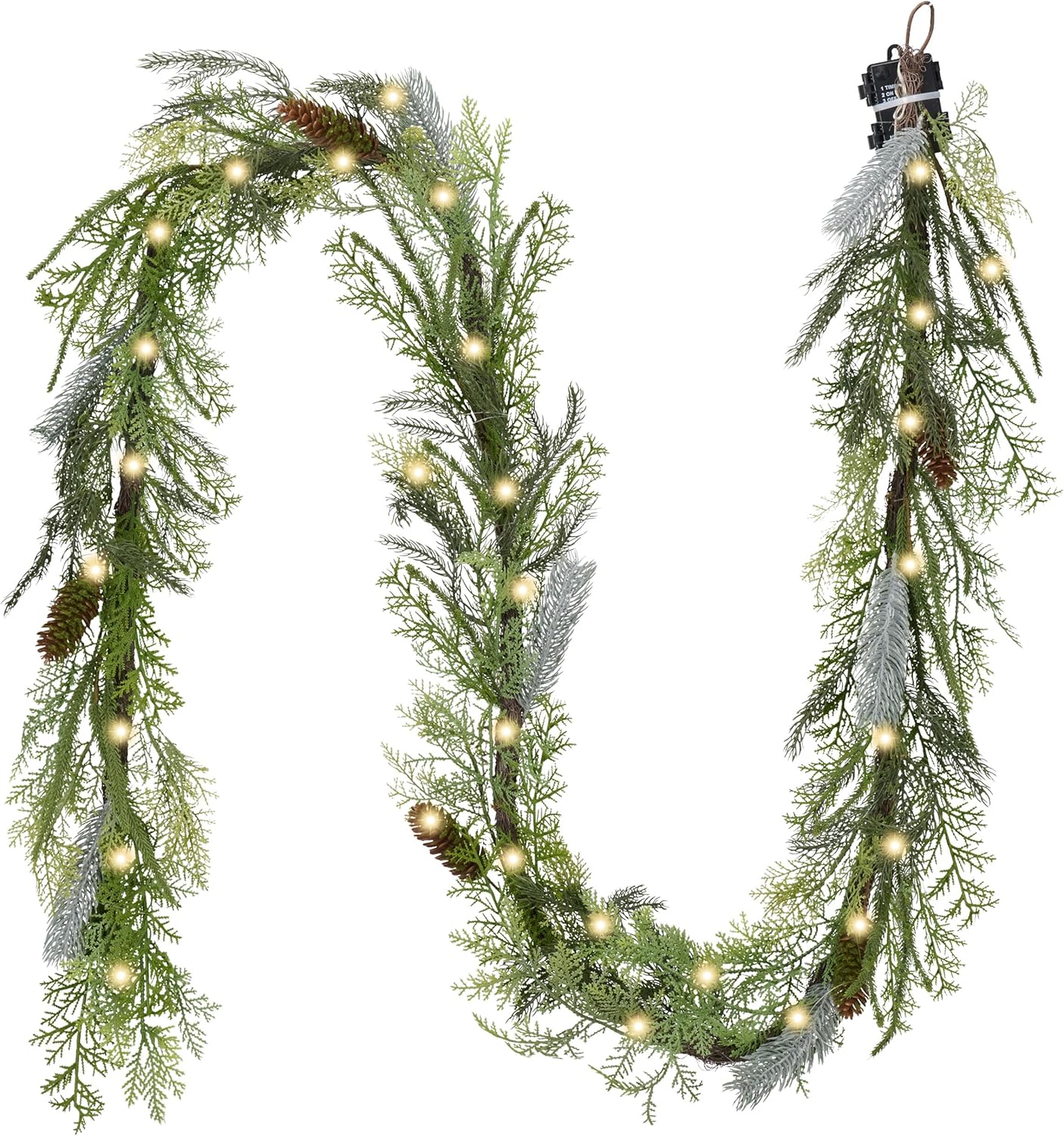 DecorbyHannah Christmas Garland with Lights, 9Ft Prelit Real Touch Artificial Norfolk Pine Cedar Evergreen Garland for Mantle, Lighted Xmas Garlands for Stairs Railing Fireplace Table Outdoor Decor