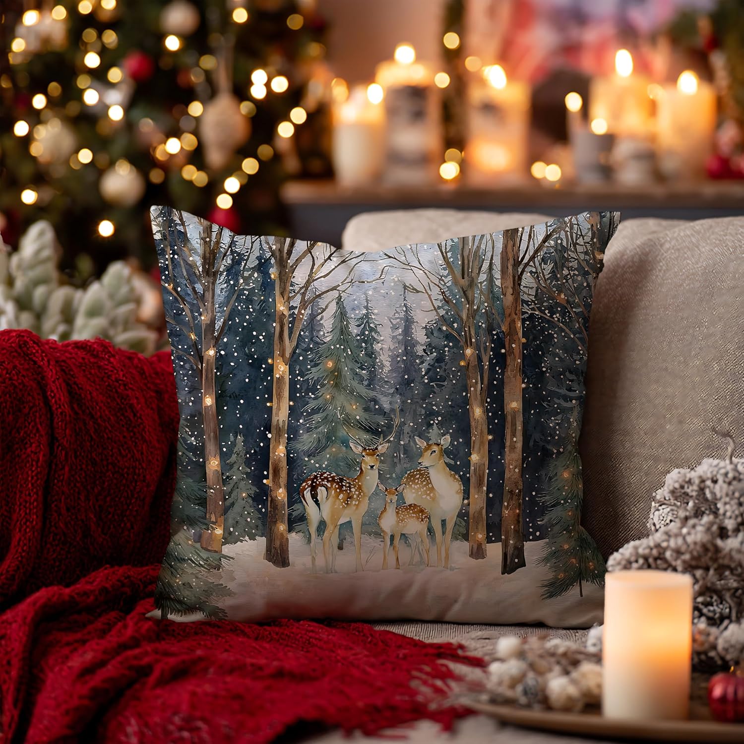 Christmas Reindeer Forest Pillow Covers 18x18, Christmas Winter Decor, Rustic Xmas Deer Holiday Decorative Throw Pillow Cover for Home Living Room Bedroom Decor - Image 3