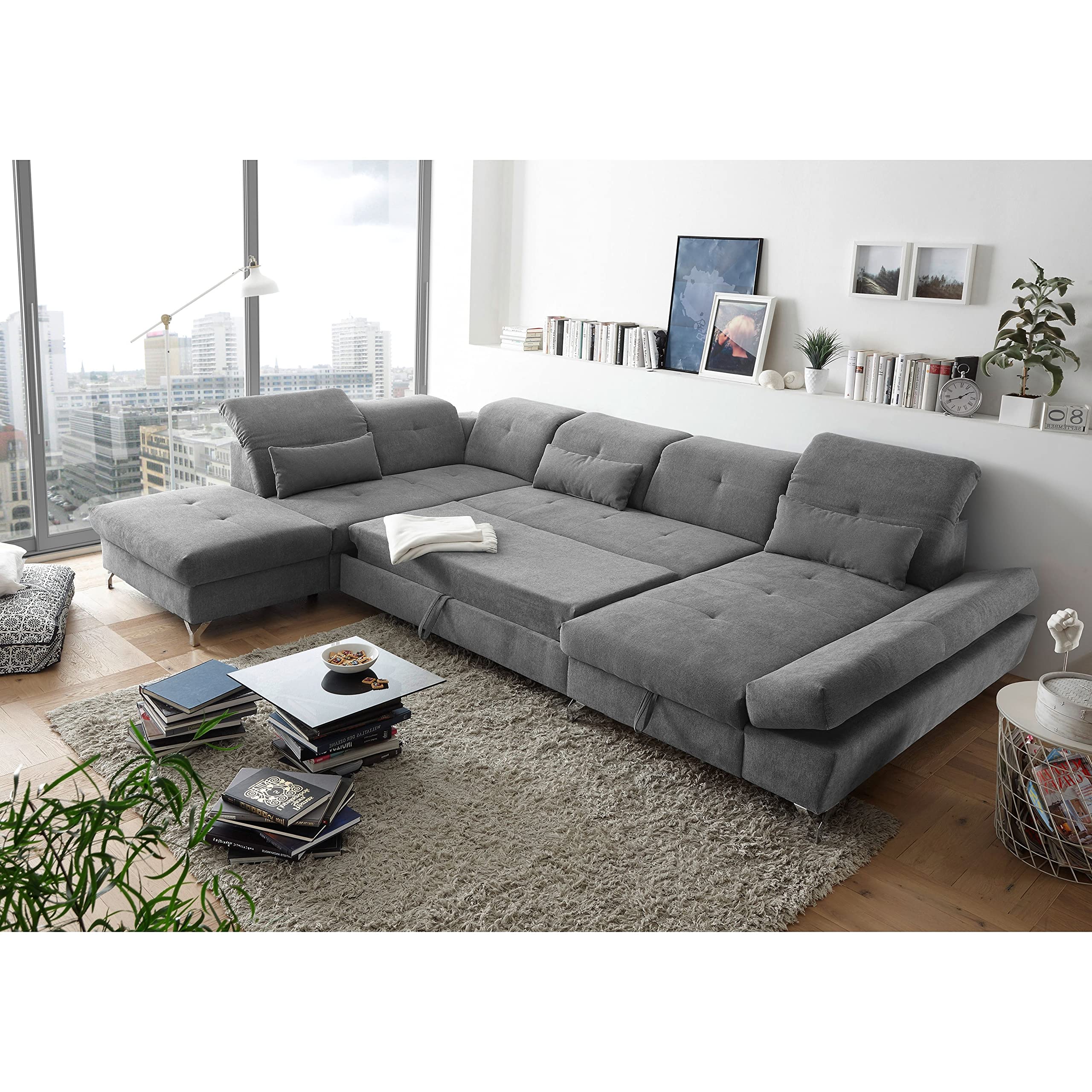 Stella Trading MELFI Wohnlandschaft in U-Form, Stoffbezug Schlamm - Ausziehbares Sofa mit Schlaffunktion & Bettkasten - 350 x 73 (96) x 245 cm (B/H/T)