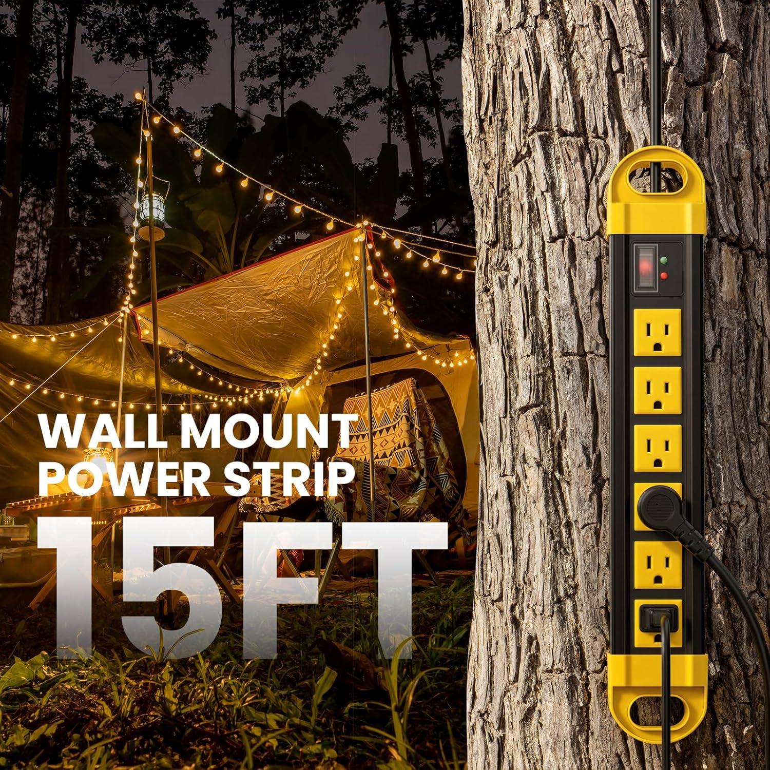 HHSOET GFCI Outdoor Power Strip Weatherproof, Waterproof Surge Protector 2700J with 6 Plug Extender Port, Exterior Long Extension Cord with Multiple Outlets, for Garden, Christmas Decor, 15FT, Yellow