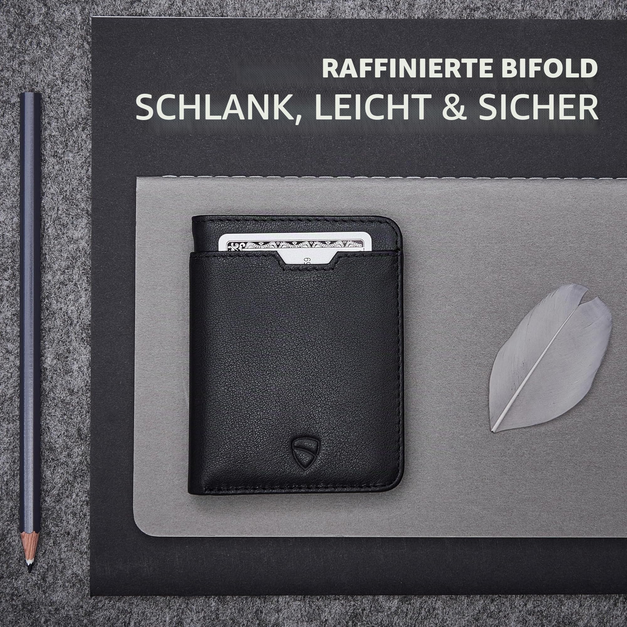Vaultskin City Slim Leder Geldbörse Herren, Mini Portmonee, RFID (Schwarz) | Minimalistischer Geldbeutel und Wallet, 9 Karten, Euro-Scheine passen ungefaltet, Schutz vor unbefugtem Auslesen, Geschenkbox