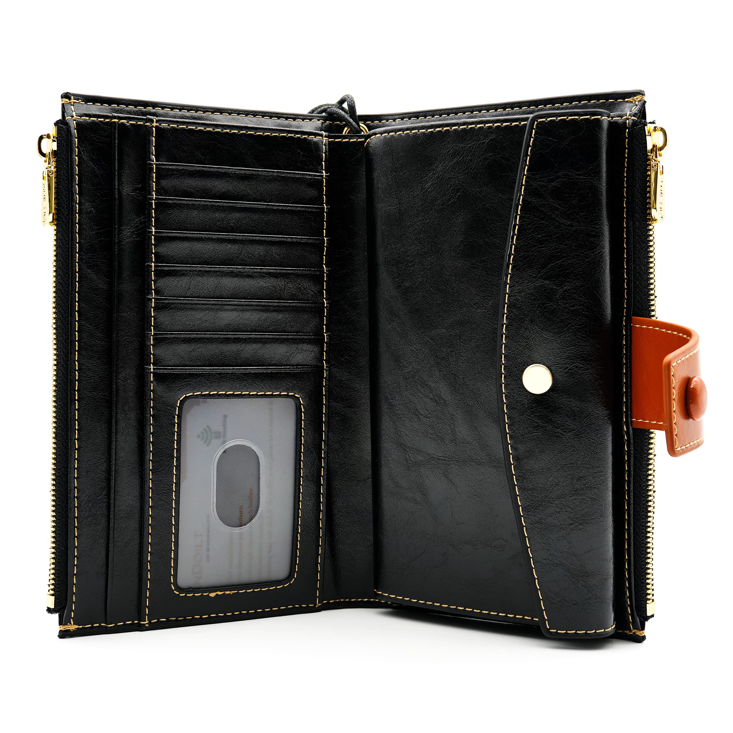 ANDOILT Cartera de Piel auténtica con Bloqueo RFID para Mujer, Organizador de múltiples Tarjetas, Bolso de Mano para teléfono Celular con Bolsillo con Cremallera, W2 Negro, Talla única, Vintage
