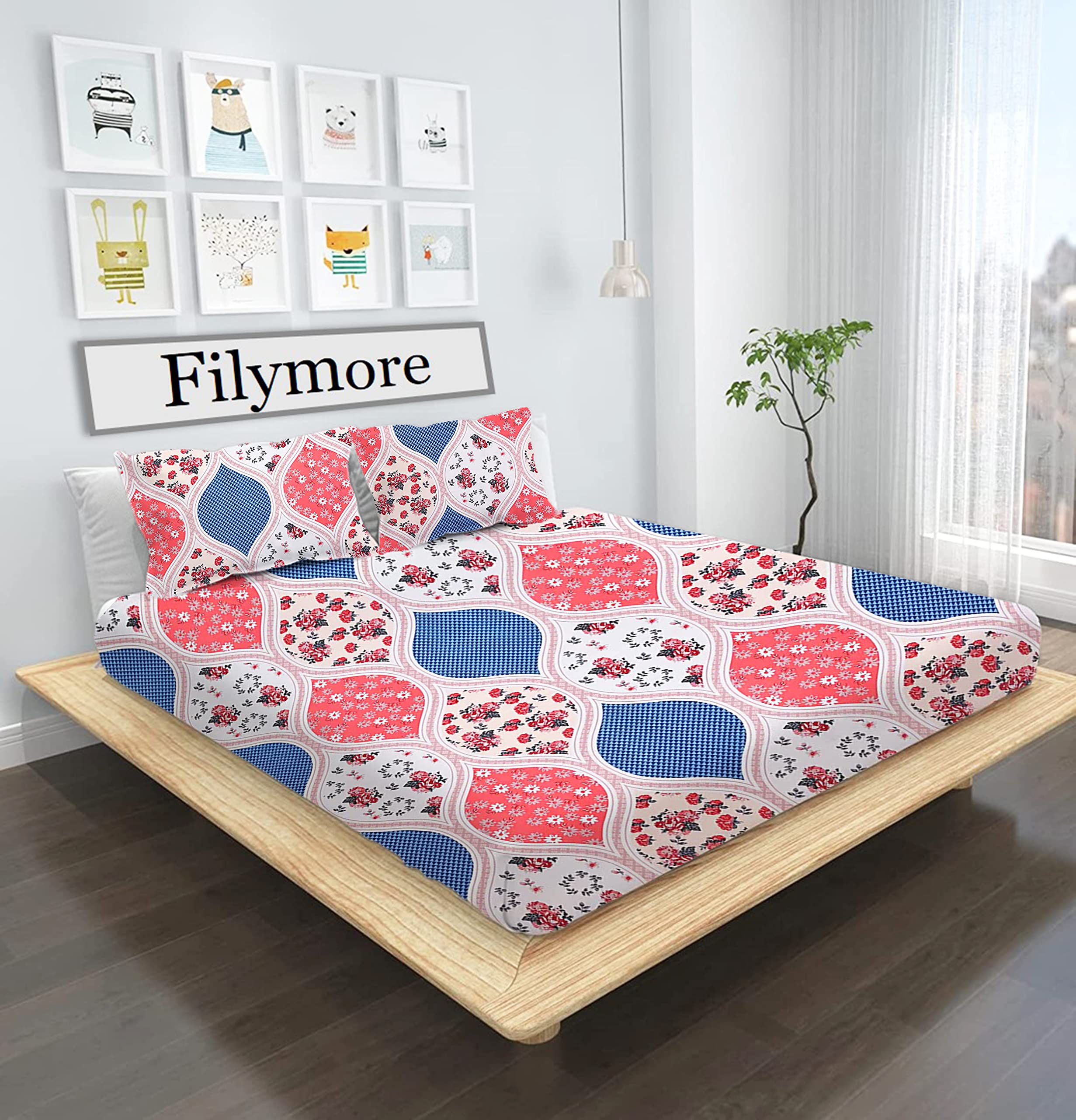 Filymore Floral Bedsheet Made with Microfiber Wrinkle Free Soft Hypoallergenic | Floral Printed Double Bed Queen/King Size for Kids (90x90 Inches/Boys Girls Room)(Cream)
