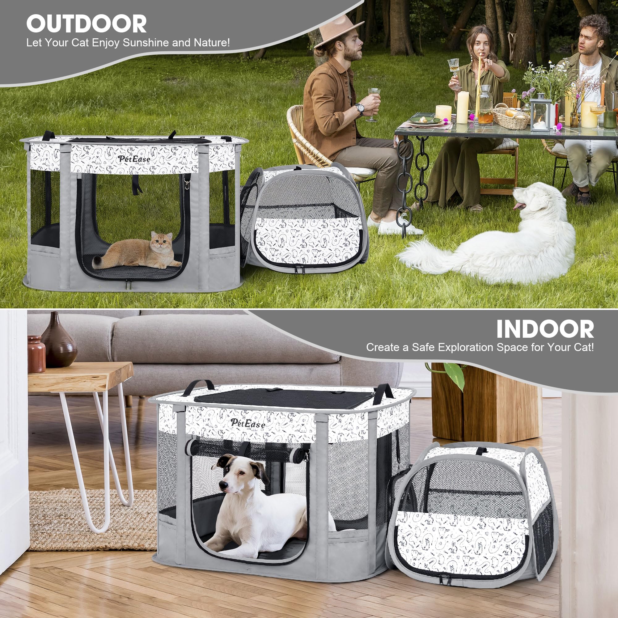 Tragbarer Katzenlaufstall 2-in-1 Hundekreta, Faltbarer Haustierkäfig mit Katzenklo für Kaninchen, Welpen, Hamster, Indoor/Outdoor Katzen Gehege Käfige Zelt
