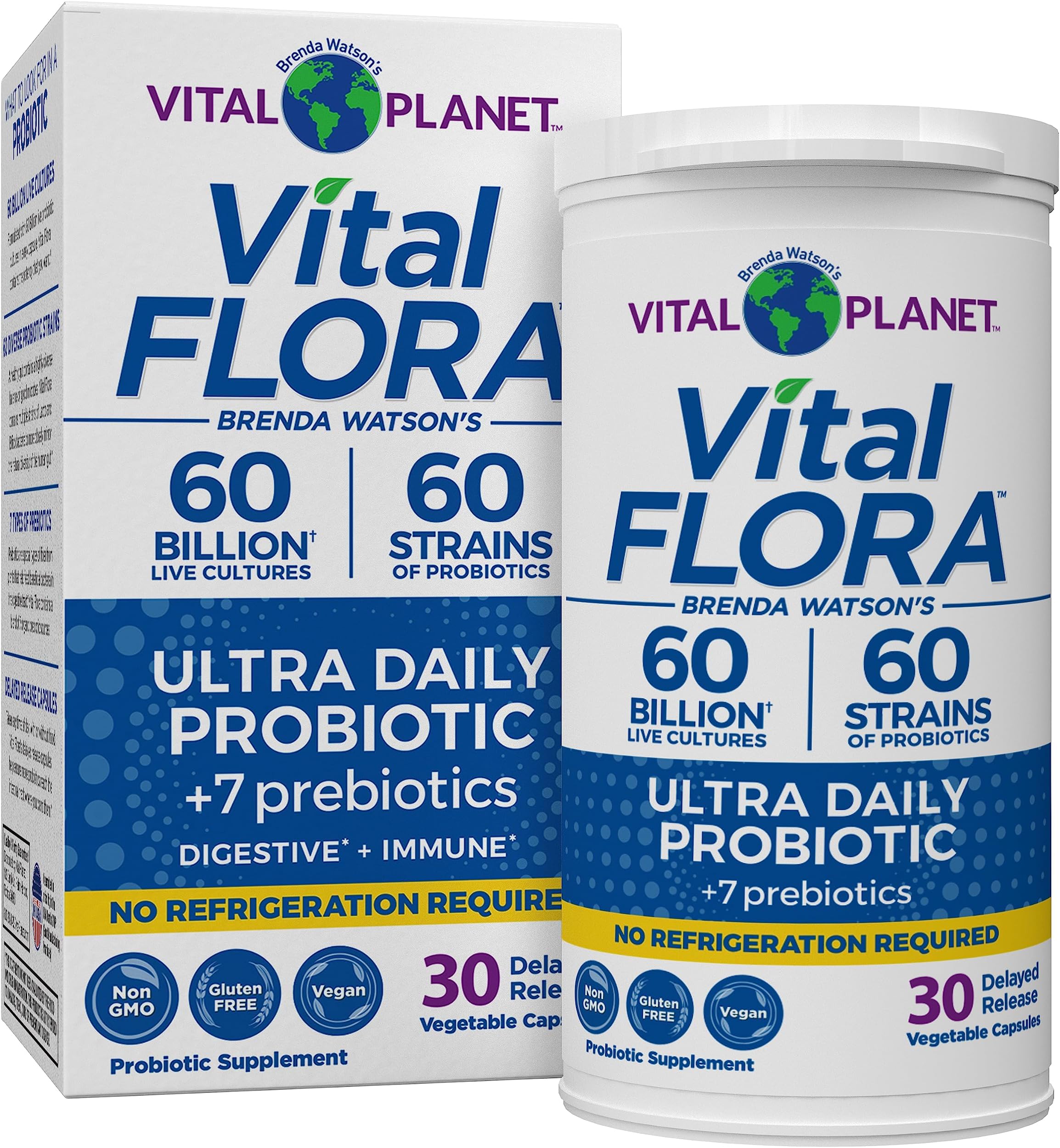 Vital Planet - Vital Flora Ultra Daily Probiotic 60 Billion CFU, 60 Diverse Strains, 7 Organic Prebiotics, Immune Support, Digestive Health Shelf Stable Probiotics for Women and Men 30 Capsules