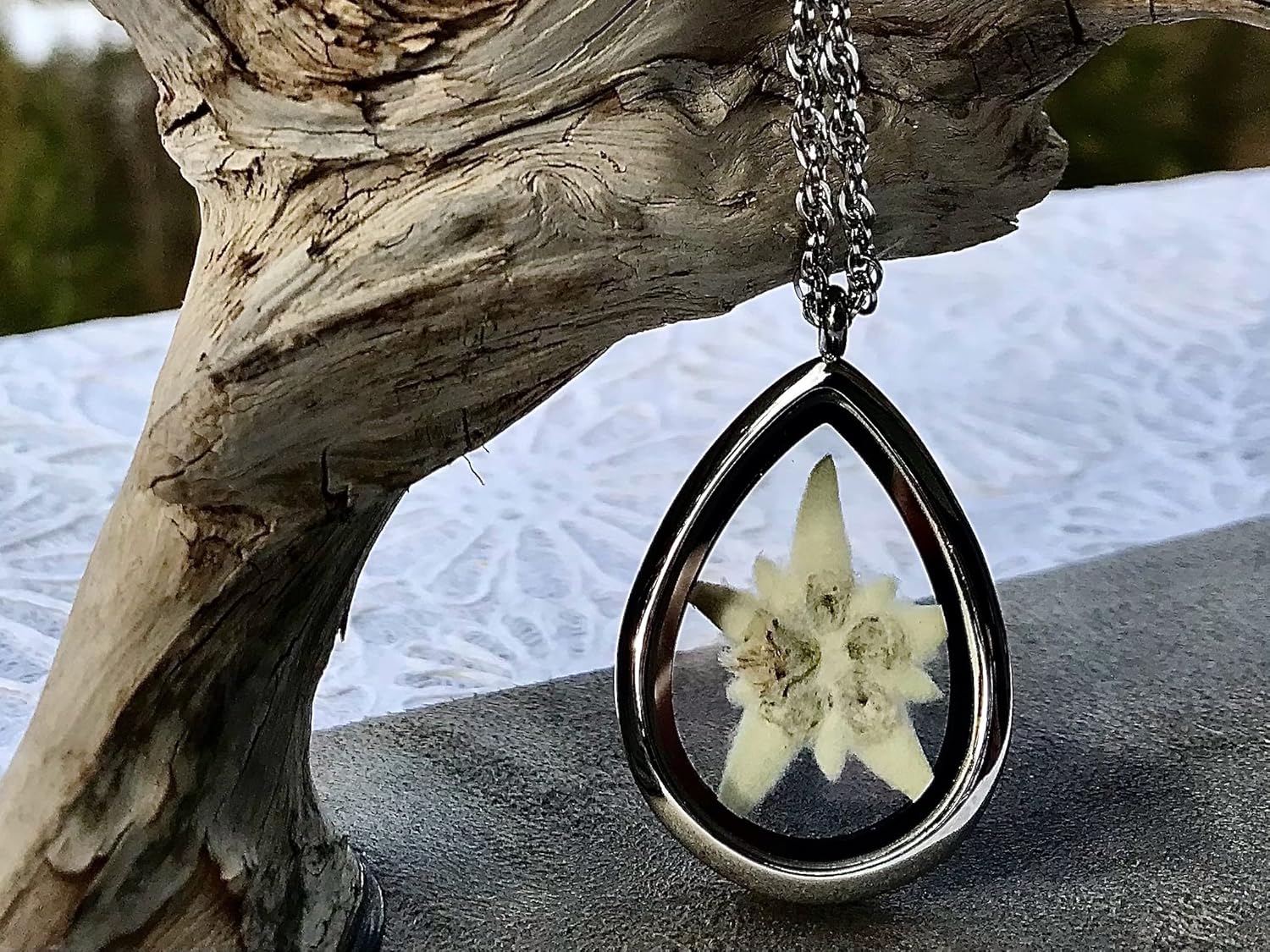 Real Pressed Edelweiss Teardrop Locket, Silver Stainless Steel