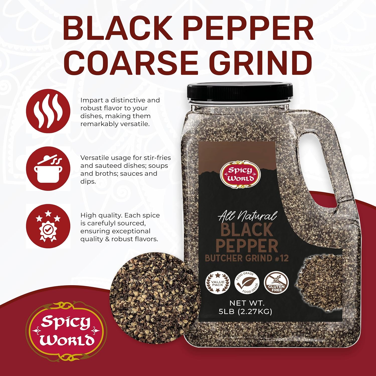 Black Pepper Ground Coarse 5 LB Bulk Jar Butcher Grind #12 – Premium Ground Black Peppercorns, All Natural, Gluten Free, Steam Sterilized – Restaurant Supply & BBQ Seasoning by Spicy World