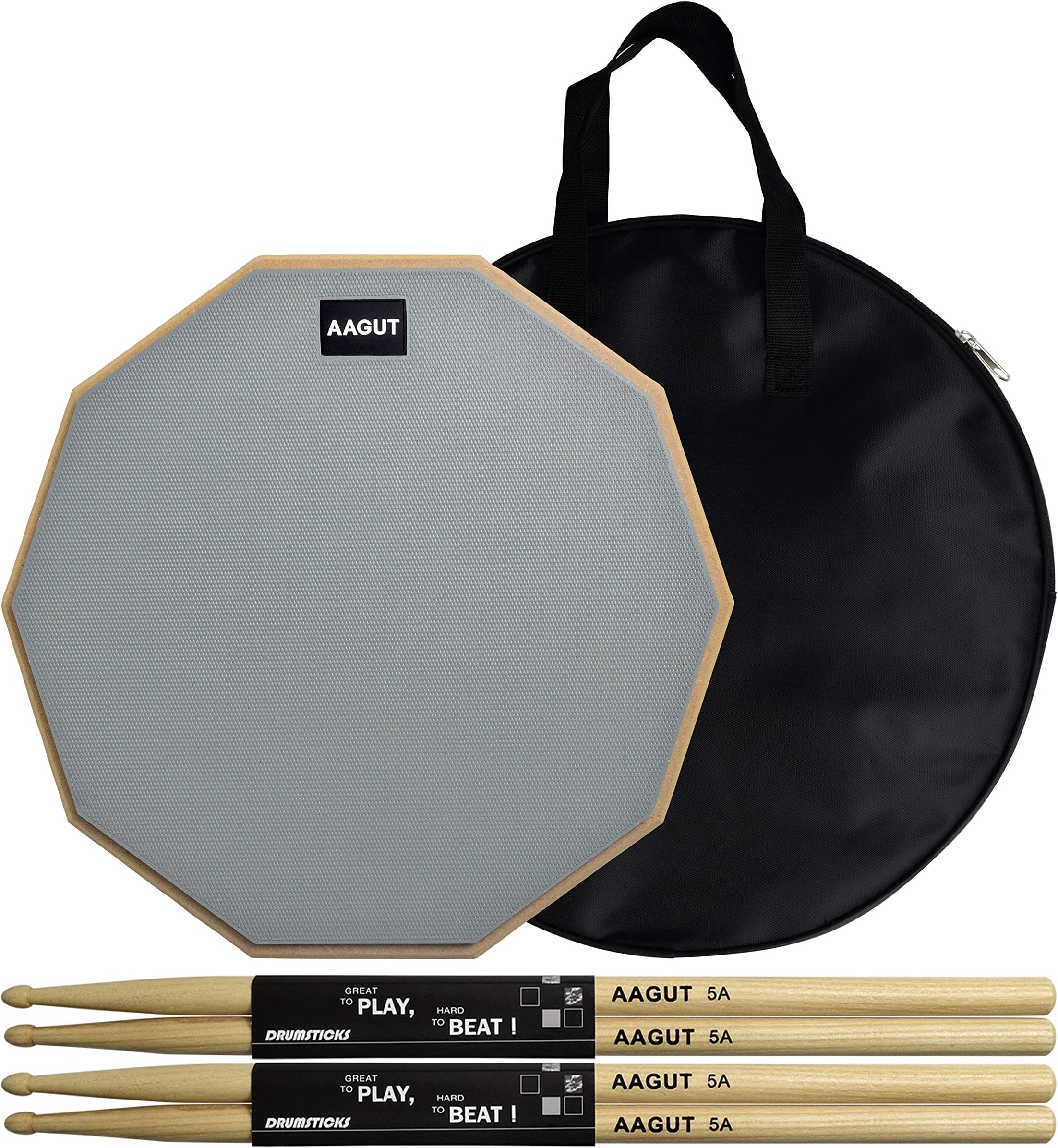 AAGUT Practice Pad with Drum Sticks Set, 12 Inch Marching Band Bass Snare Drums Pads Grey with 4 Hickory Classic 5A Drumsticks and Carry Bag