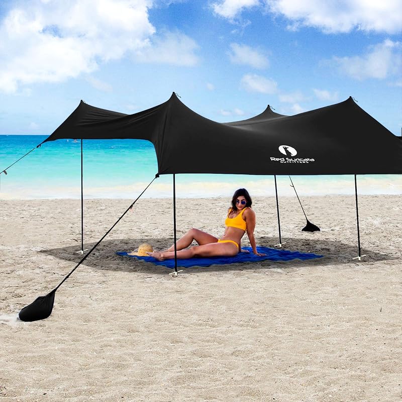 Family Beach Tent & Canopy, UPF50 Sun Shade, 4 Aluminum Poles, Sand Shovel, Large Portable Sun Shelter (Large, Black)