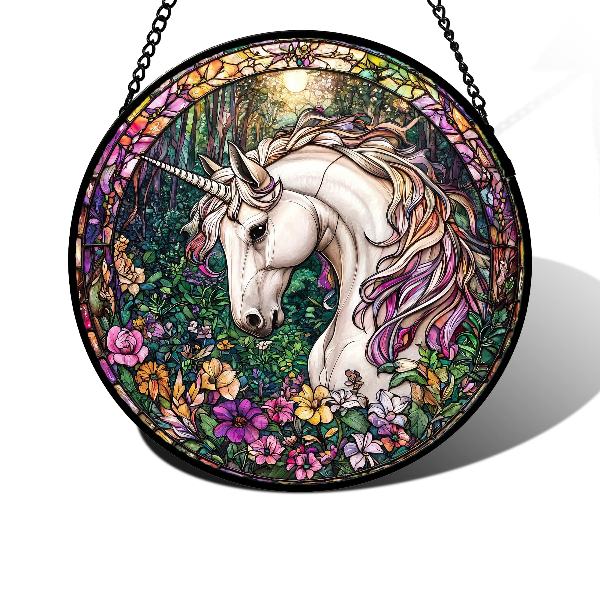 DASTOLL Stained Glass Window Hanging, Unicorn Flowers Suncatcher for Doors Home Sun Catchers Decoration and Christmas, Mother's Day Birthday Gifts for Women, Men, and Mom 11.8x11.8 in โ image 1