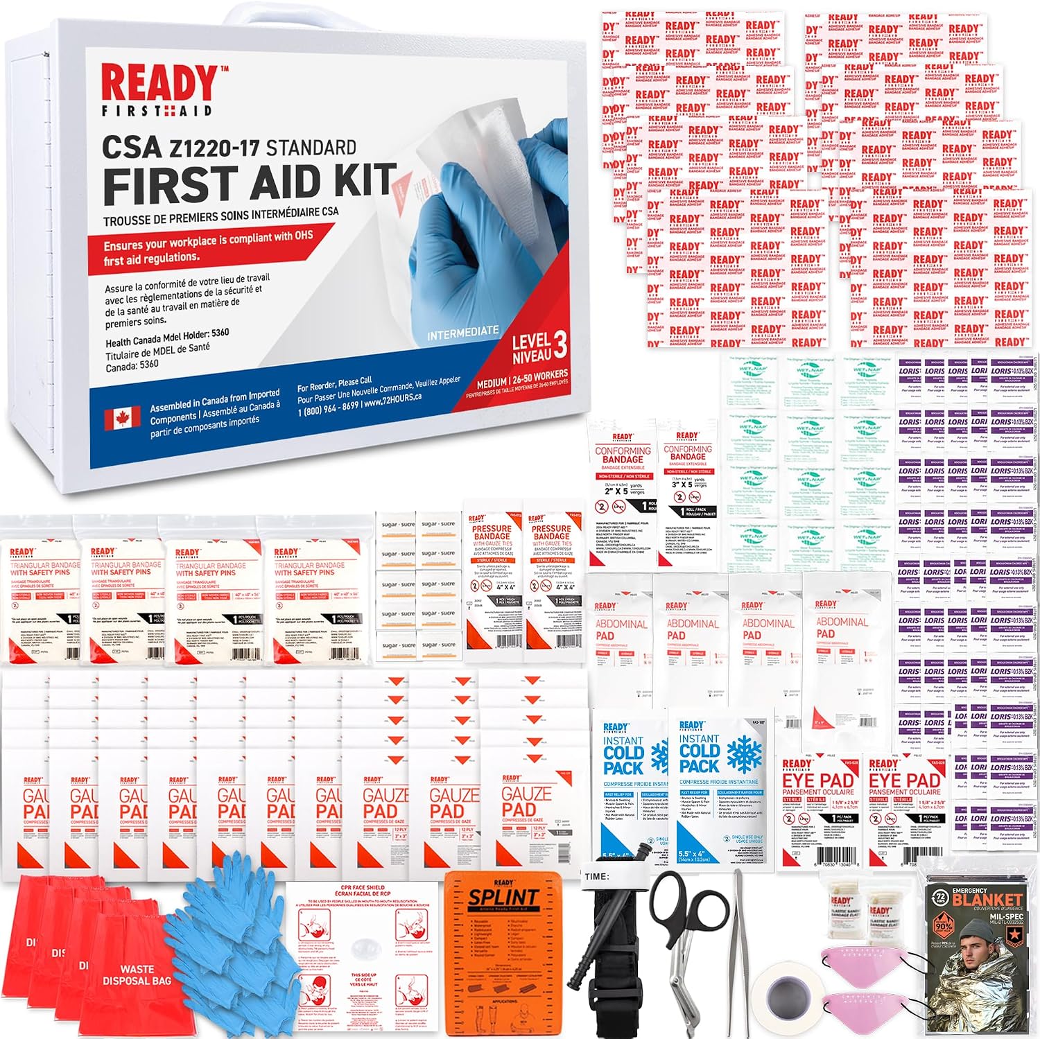Ready First Aid - CSA Type 3 Intermdiate First Aid Kit - Suitable For Workplace With A Moderate Or High Risk Work Environment Including Metal Cabinet (Medium For 26-50 Workers)