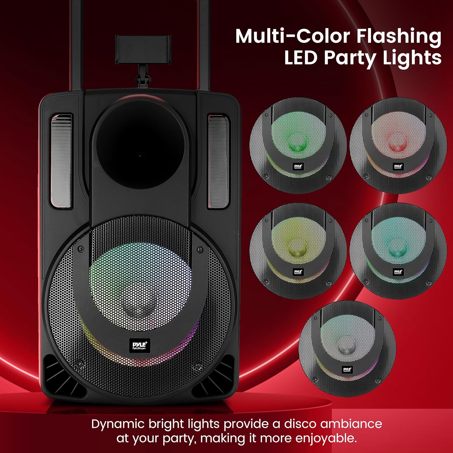 Pyle PA Speaker System with its multi-color LED lights illuminated, showing various color options.