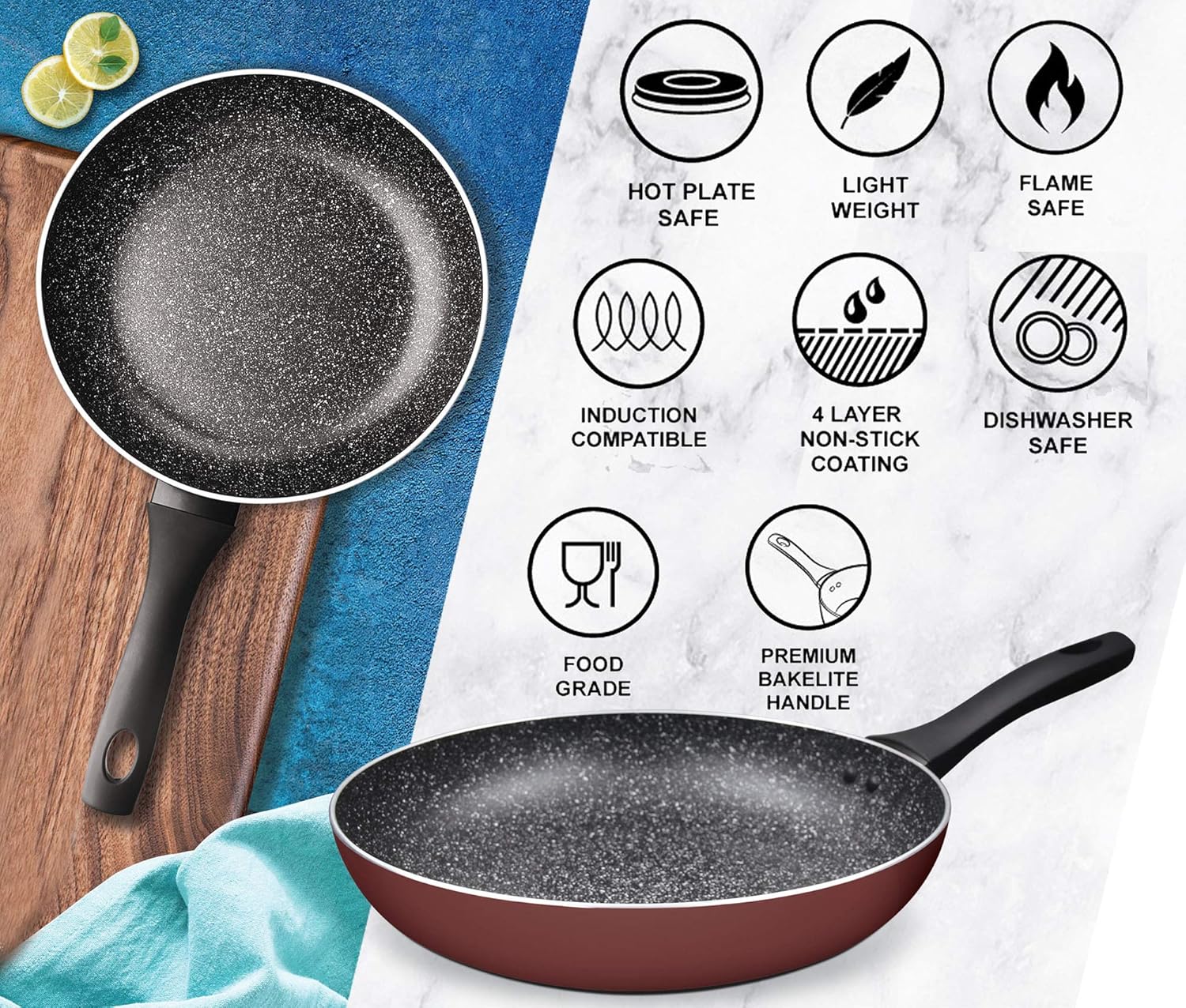 MILTON Pro cook Granito Fry Pan, 22 cm Frying Pan for Stir-Fry, Omlette Egg Pan, Sauté, Fish Frypan, Non-Stick Cookware Induction & Gas Friendly, 2 Years Warranty – Burgundy