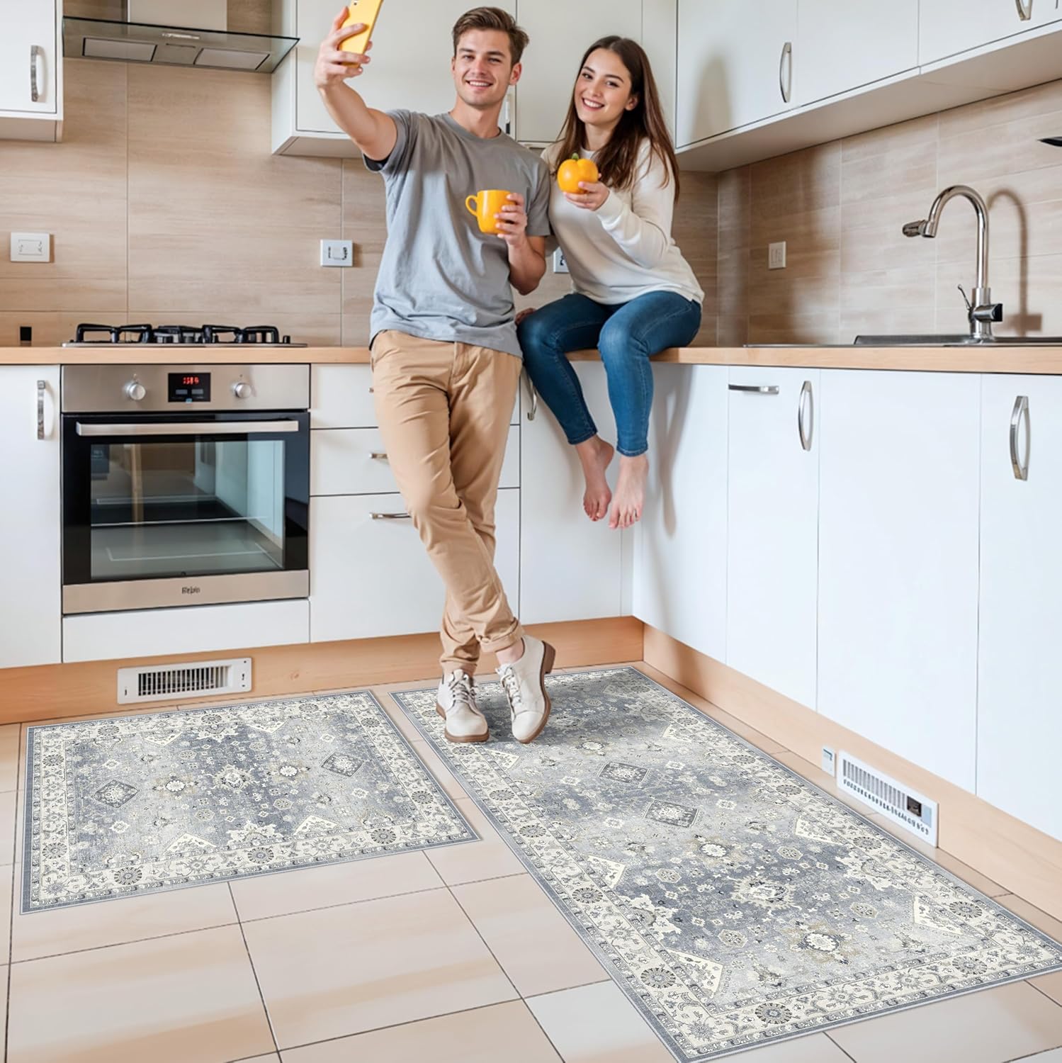 2-Piece Kitchen Runner Rug Set: Washable Non-Slip Hardwood Stove Dishwasher Floor Mat Soft Stain Resistant Carpet for Sink Cooking Area & Fridge Boho Home Decor for High Traffic Area(2x3+2x4,Grey)