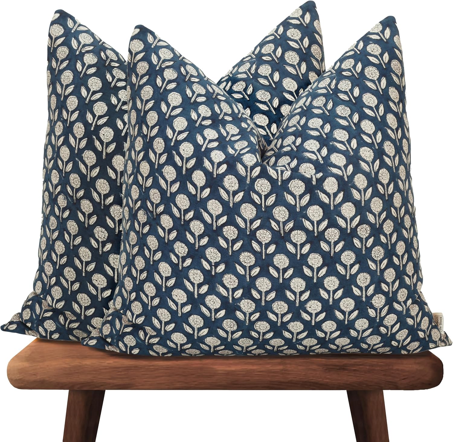 Hand-Block Printed, Artisan-Made Neutral Accent Throw Pillow Covers- 100% Cotton Cushion for Sofa, Bed, Chair, Home Decor, Boho, Indoor - Adeline (Deep Blue, 20" x 20" (Pack of 2))