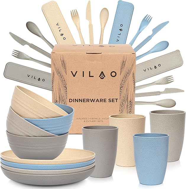 VILAO Camping Dinner set - Unbreakable Dinner Set with Plates, Bowls, Cups, Cutlery (28 pcs) Dishwasher and Microwave Safe Lightweight Dish Set - Perfect for Picnic, Campervan, Kids (4 Color)