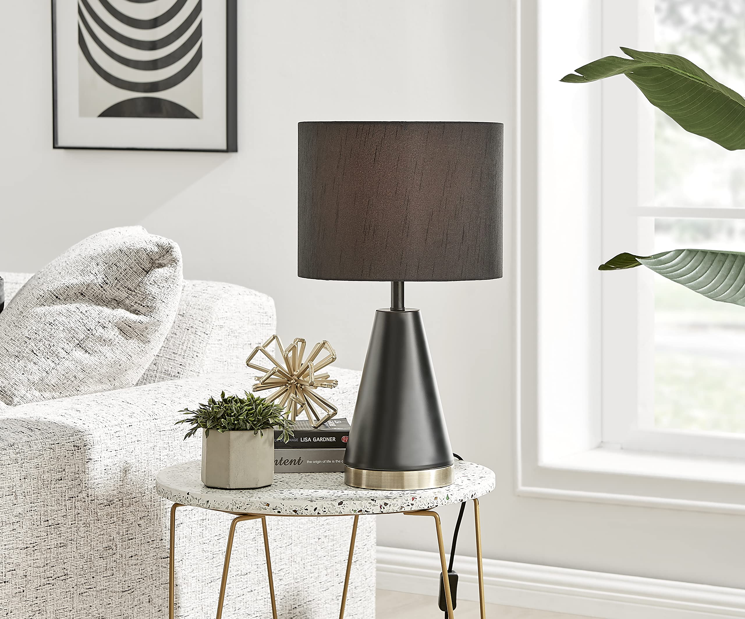 Furniturebox UK Lighting - Zoe Black & Gold Metal Table Lamp Light (Including Bulb) - Modern Lamp with Tapered Base - Black Satin-Matte Metal & Gold Accent - Black Fabric Lampshade - Simple & Glam.