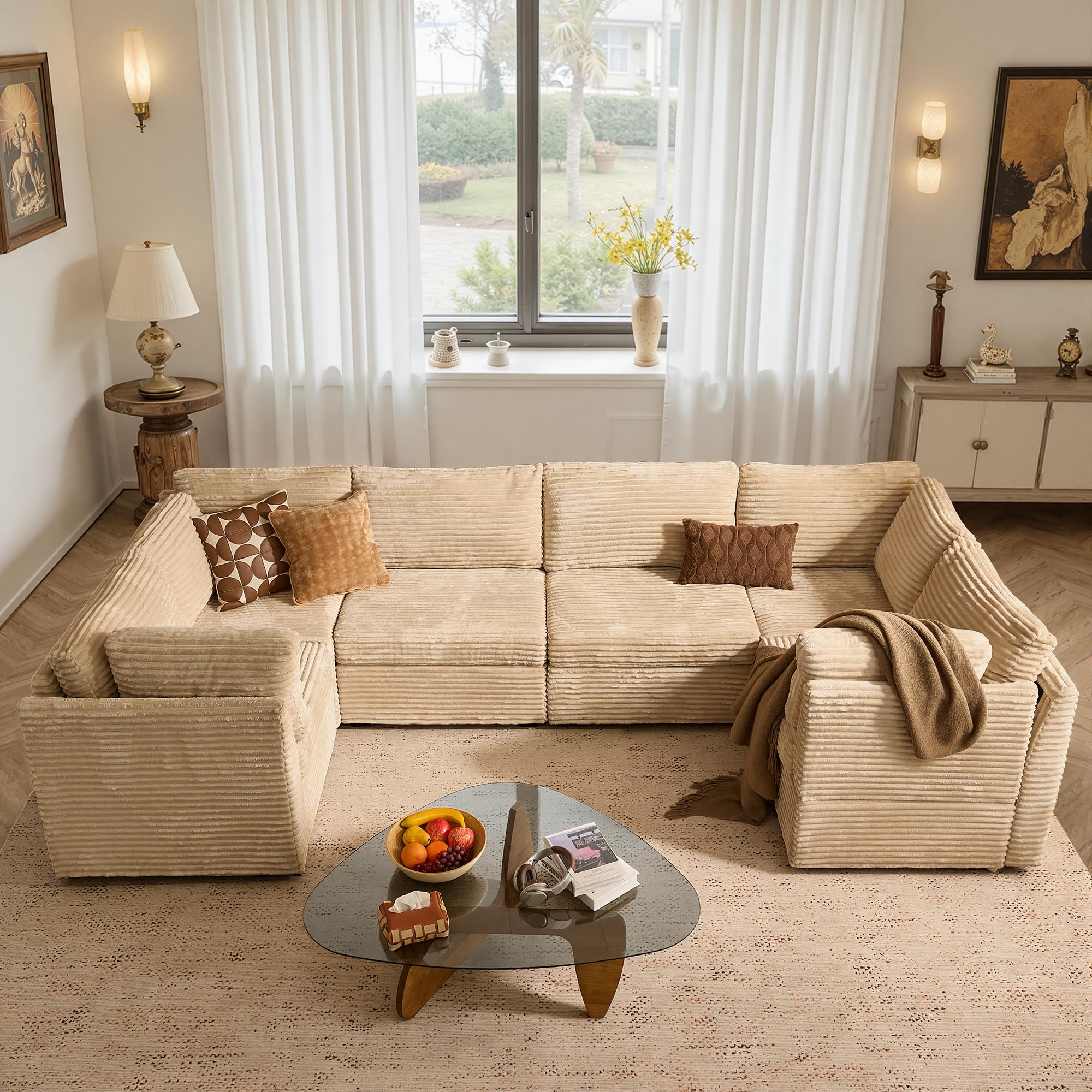 ovios Modular Sectional Sofa Couch with U-Shape Chaises Convertible, Comfy Plush Corduroy Cloud Couches, Modern Luxury Deep Seat Sofas Set for Living Room, 6-Seater, Beige