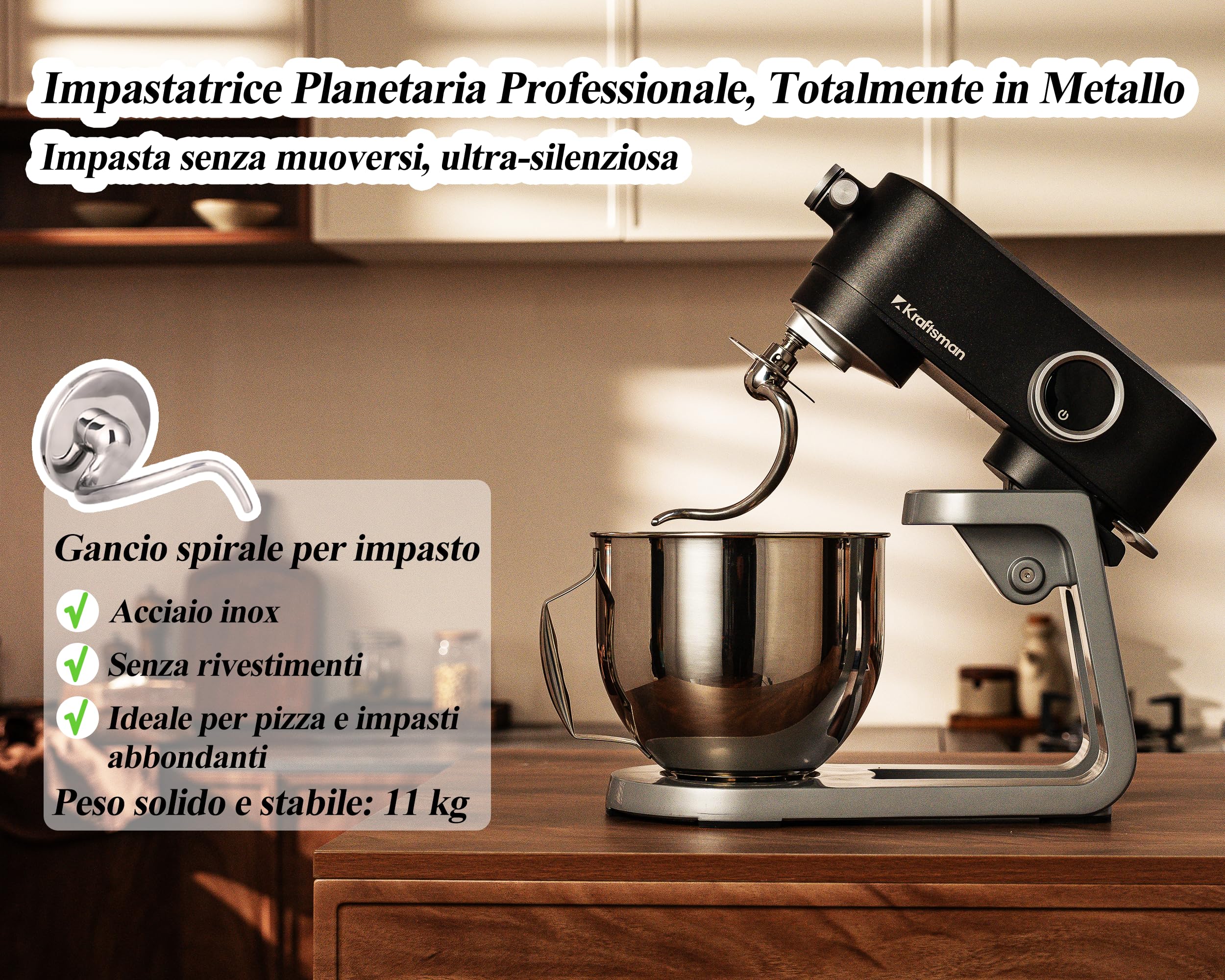 Impastatrice Planetaria in Metallo Solido – Planetaria Professionale da 5L con 4 Accessori in Acciaio Inossidabile, 800W Motore DC, Nido di Potenza e Timer, Bassa Rumorosità (Nero)