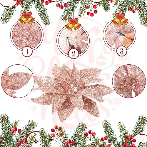 Miniatura 3 de Chunyin 24 Piezas Flores de Pascua Artificiales de Navidad, 6" 4" 3" Adornos de Flores de Pascua con Purpurina con Clip para Decoraciones de Árbol