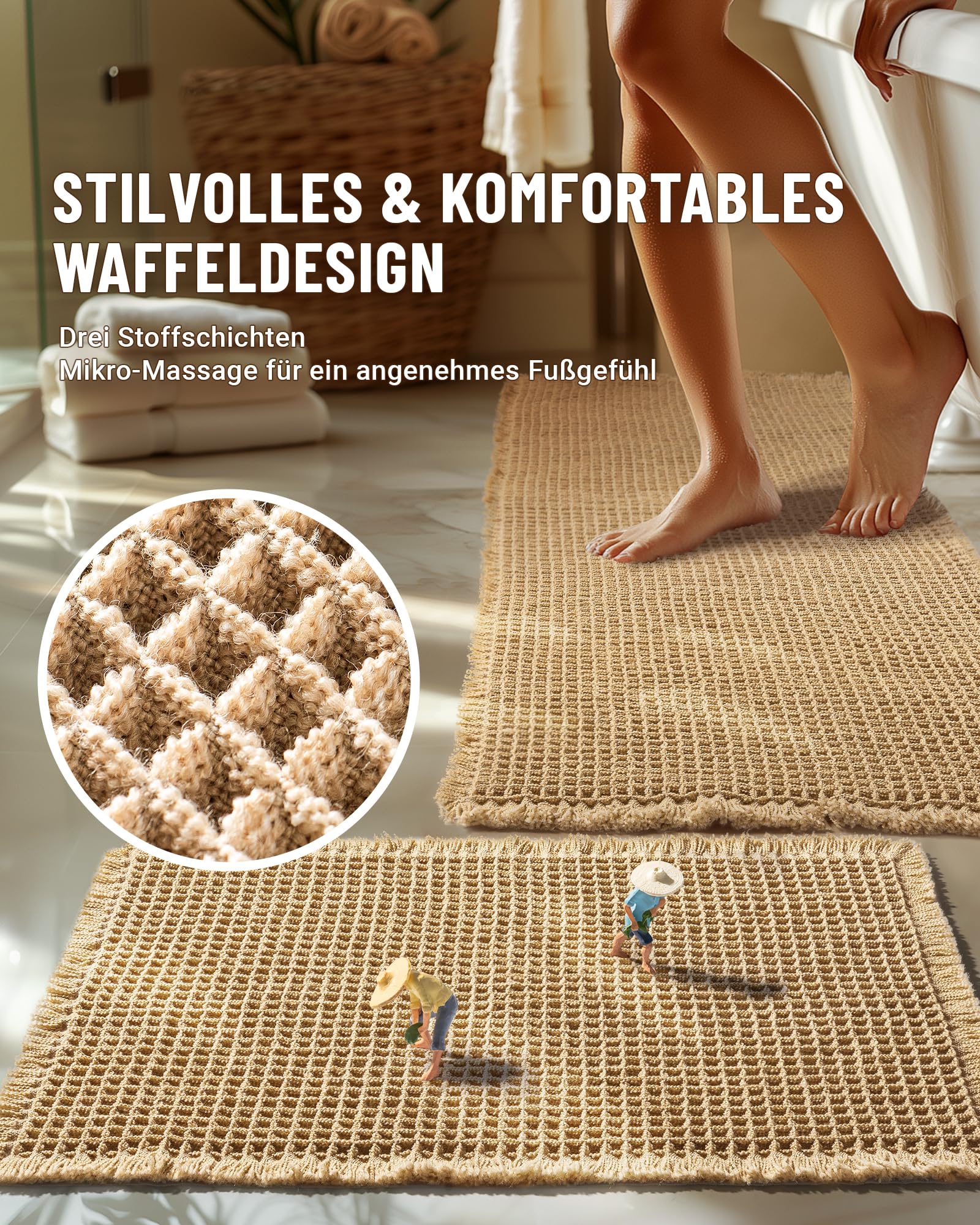 Großer Badteppich Set, Badezimmerteppich Set 2 Teilig, Rutschfeste Badematte, Boho Badezimmermatte, Waschbar Duschvorleger für Wohnzimmer Schlafzimmer Badezimmer, Bad Deko, 51 x 120 cm + 41 x 61 cm