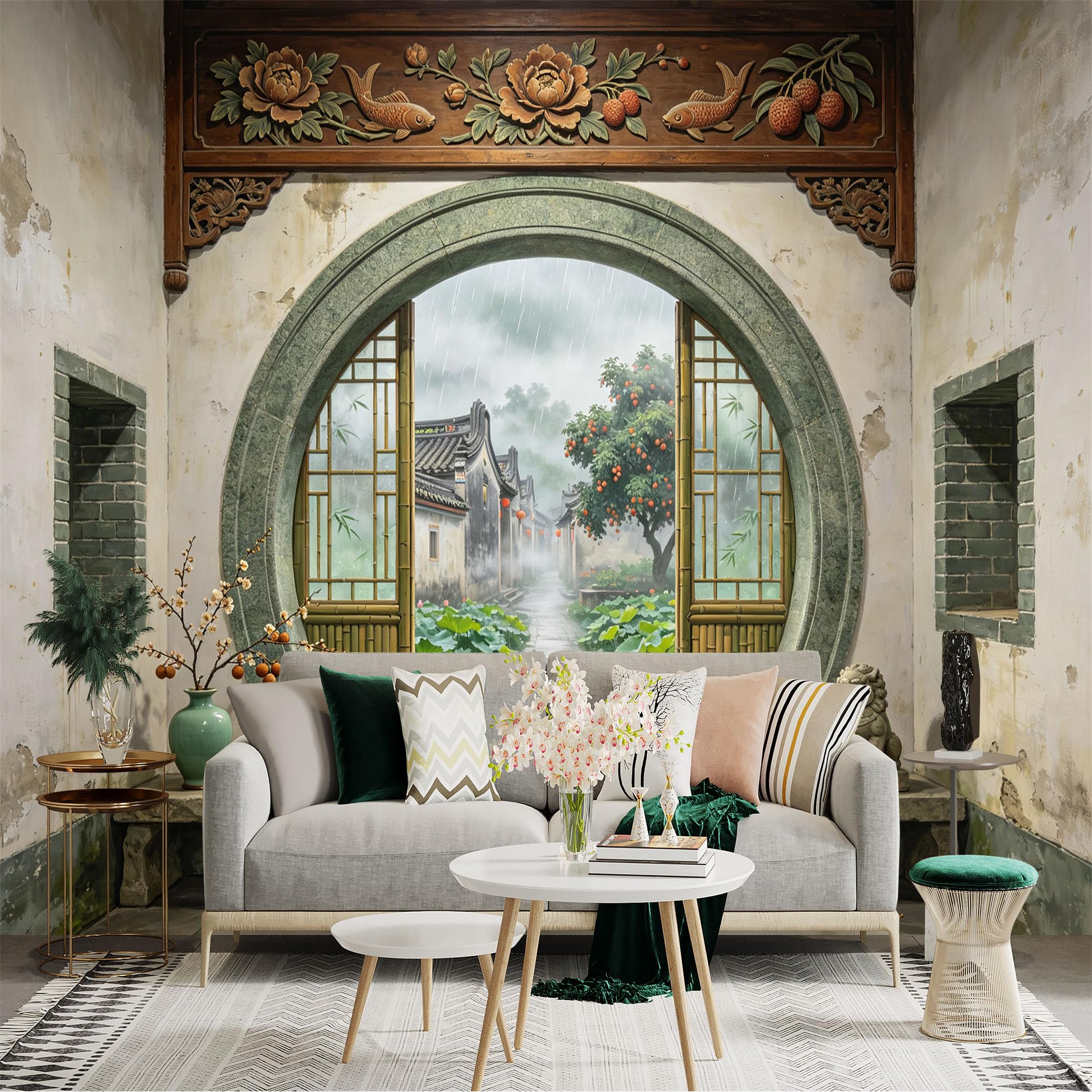 Custom Size Wall Sticker Mural， Chinese Courtyard with Round Moon Gate， Lotus Pond and Rainy Village， for wall Decoration， peelandstick wall Decals.