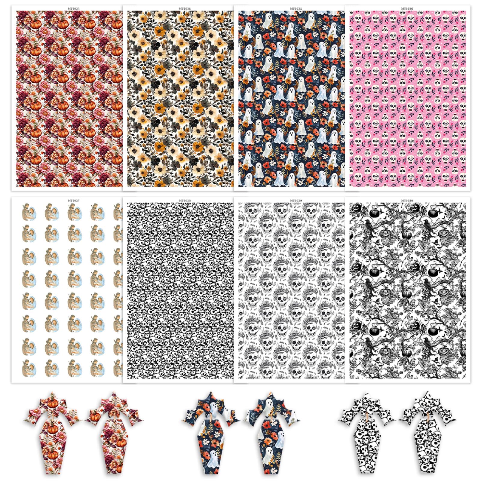 8Pcs Halloween Transfer Paper for Polymer Clay, Skull Pumpkin Ghost Spider Birds Floral Pattern Water Transfer Sheet for Polymer Clay,Water Soluble Transfer Sheet for Earrings Jewelry Making 5.8X3.9in