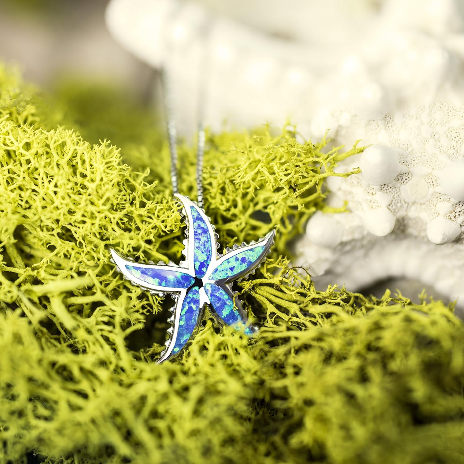 Miniatura 4 de Honolulu Jewelry Company Colgante de plata de ley con estrella de mar con ópalo azul simulado y cadena de caja de 18 pulgadas, Metal, Ópalo
