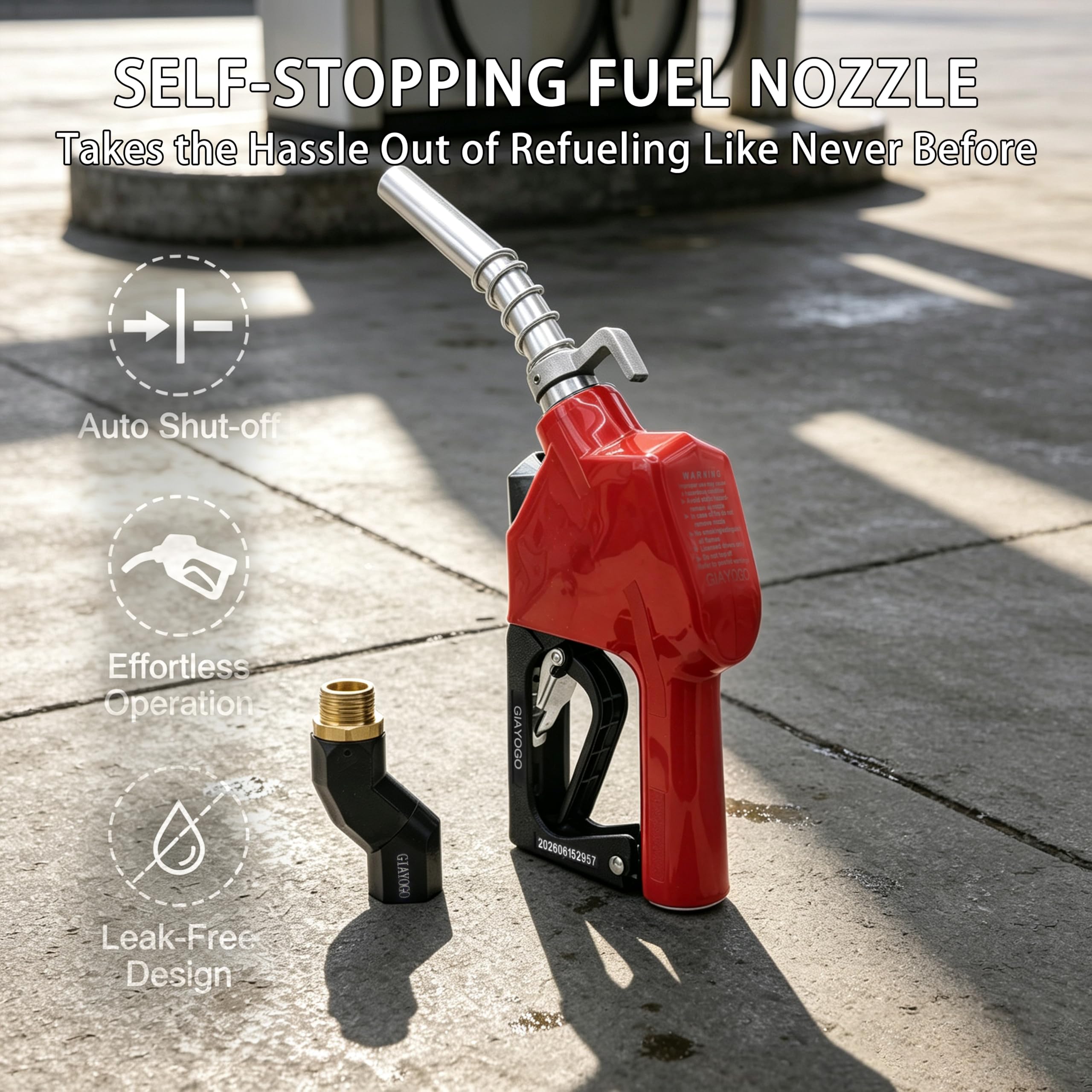 Boquilla de combustible de apagado automático NPT rojo de 3/4 pulgadas, giro de manguera de combustible, flujo alto de 16 GPM, protector de mano BP, gancho para colgar boquilla de 13/16