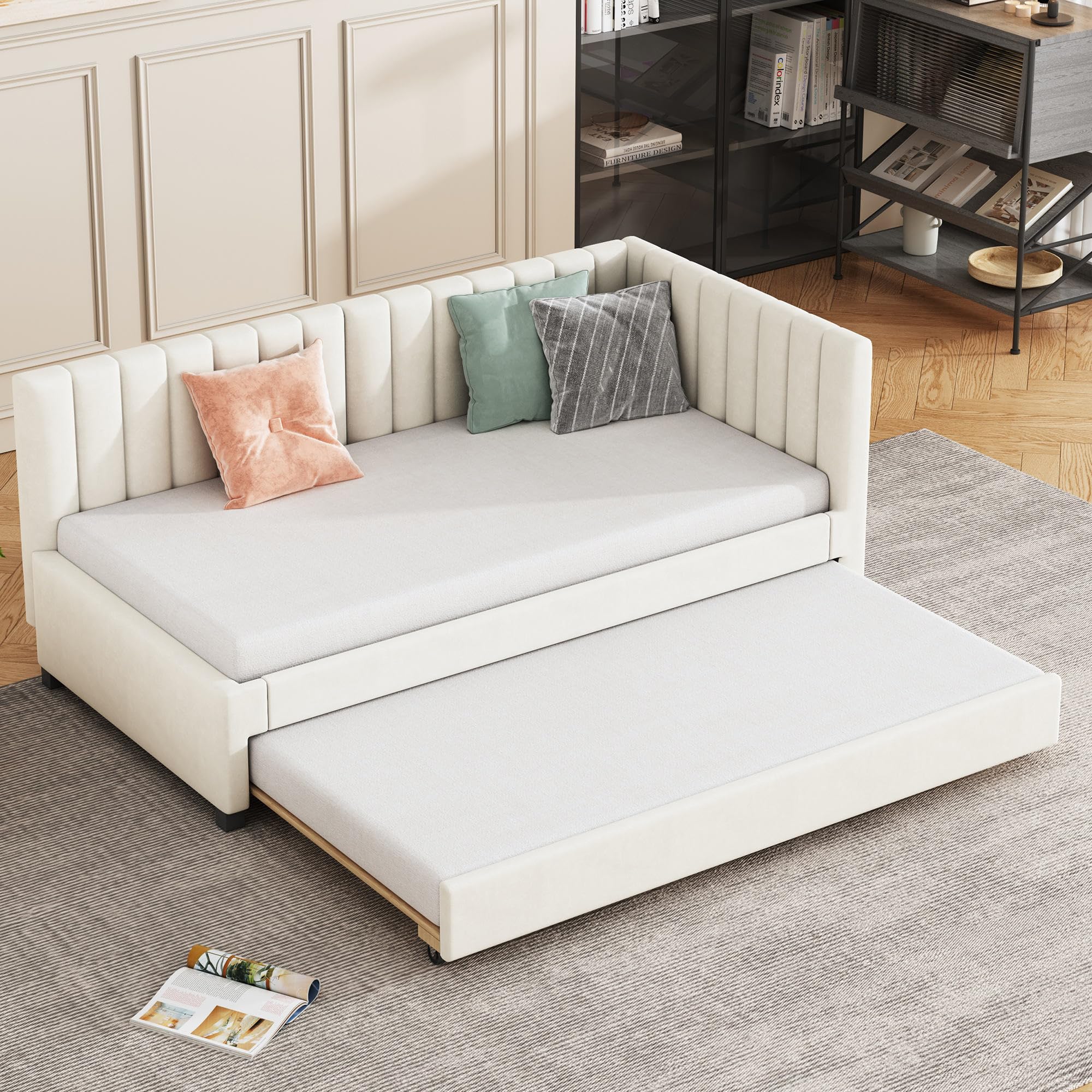 SACOOL Divano Letto 90x200 Cm Con Vano Idraulico – Velluto Beige, Schienale Comodo, Senza Braccioli, Motivo Quadri