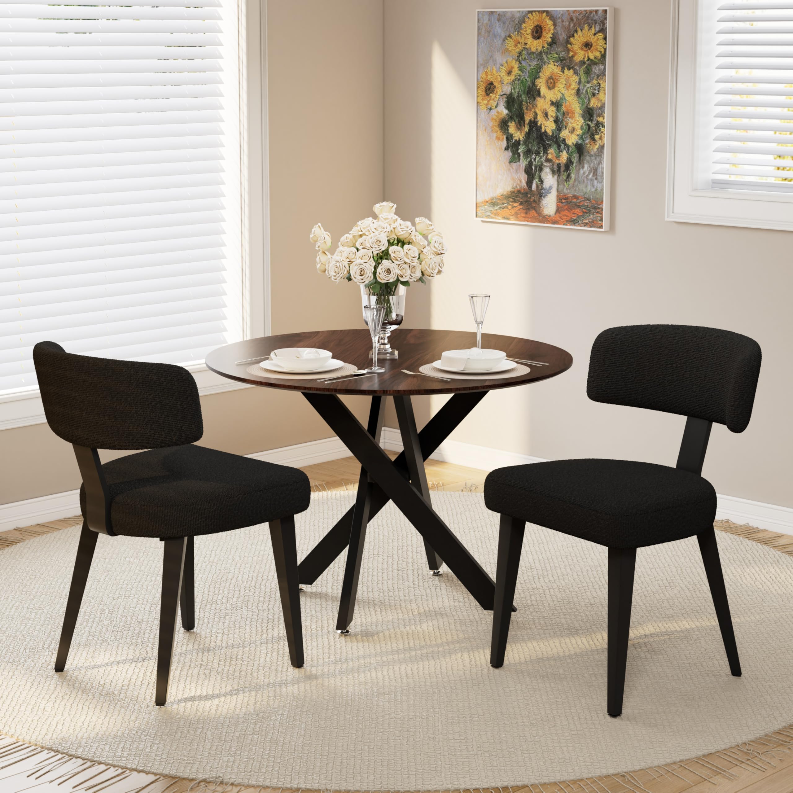 Wood Dining Table Set for 2, 36" Round Kitchen Table with 2 Boucle Dining Chairs, MDF Tabletop with Metal Legs, Ergonomic Dining Chair with Metal Legs(Woodgrain Table)