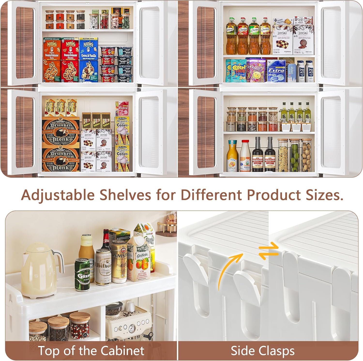 VECELO Foldable Plastic Sideboard Cabinet with Adjustable Shelves, Waterproof Buffet Cabinet with Doors for Kitchen, Dining Room & Small Spaces, White